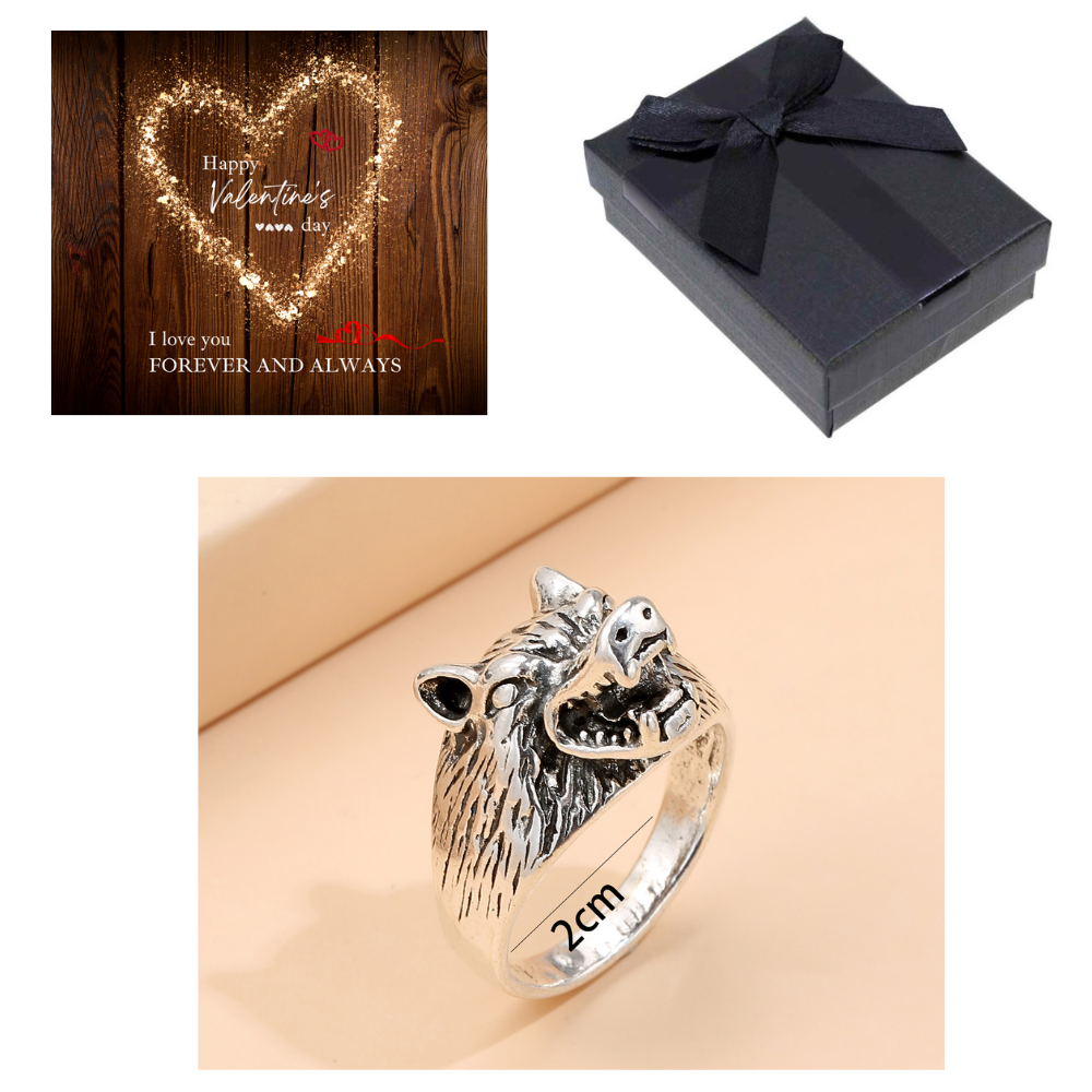 10 pcs - Fashionable Wolf Head Ring Silver Tone with Valentine’s Message Gift Box|GCJ387+ValentinesBox|UK SELLER