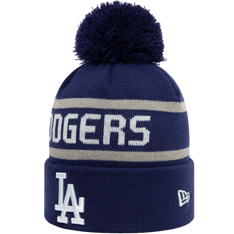 New Era LA Los Angeles Dodgers MLB Striped Cuff Knitted Beanie Bobble Hat - Blue