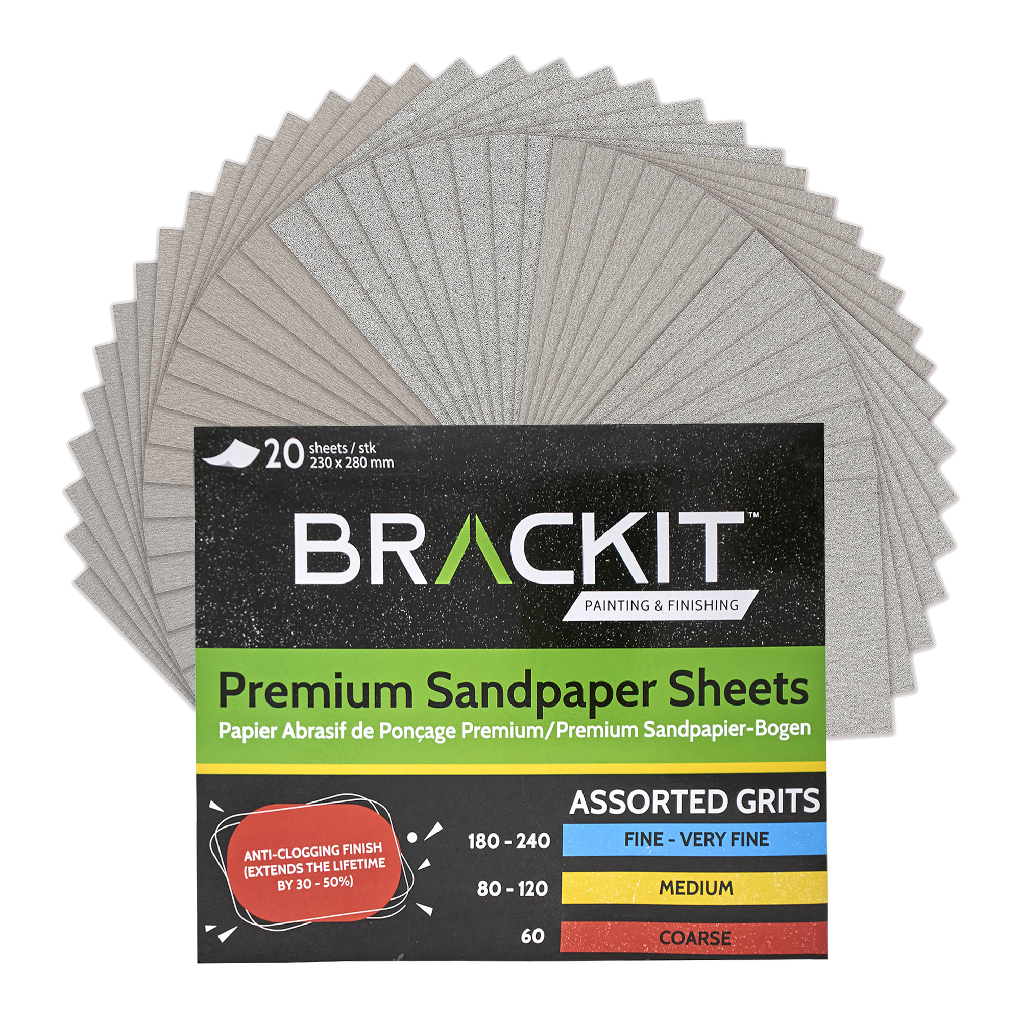 JOBLOT OF 20 packs of Brackit 20 Piece Sandpaper Sheet Set - Assorted Grits 60, 80, 120, 180, 240 - Anti-Clogging Finish and Longer Lifetime - Multipu