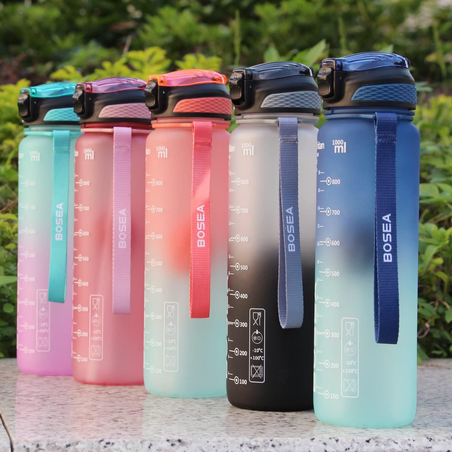 BOSEA Sport Water Bottle 1L with Straw Lid Time Marker BPA Free - 