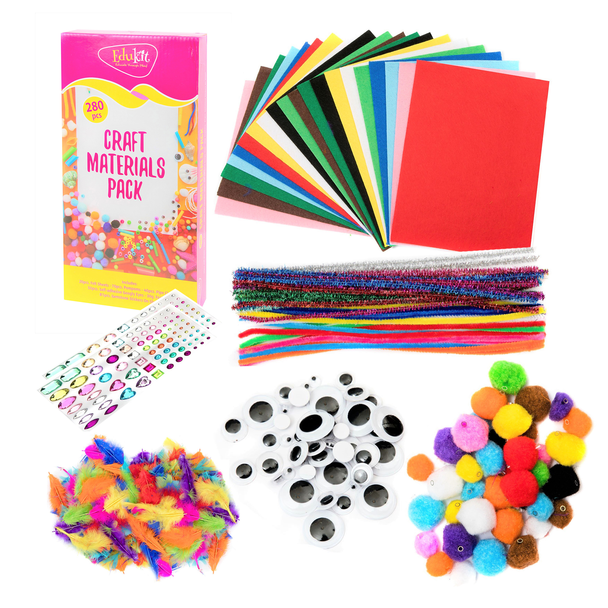 10 packs of edukit Crafting Kit - 280 Pieces - Inc Pipe Cleaners, Pompoms, gems, Googly Eyes, Felt & Feathers - Various Sizes and Colours - Great for