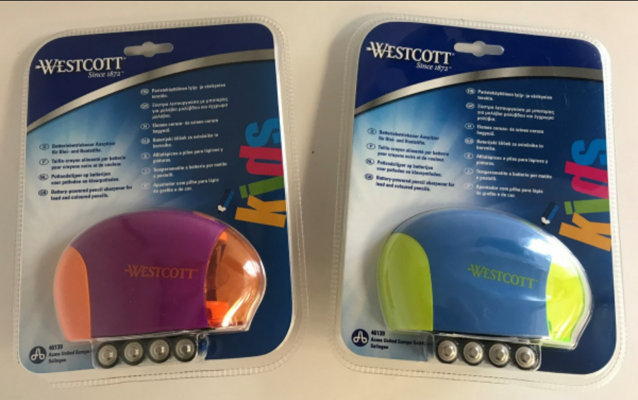 Wholesale Joblot of 49 Westcott Battery Powered Pencil Sharpener in 2 Colours
