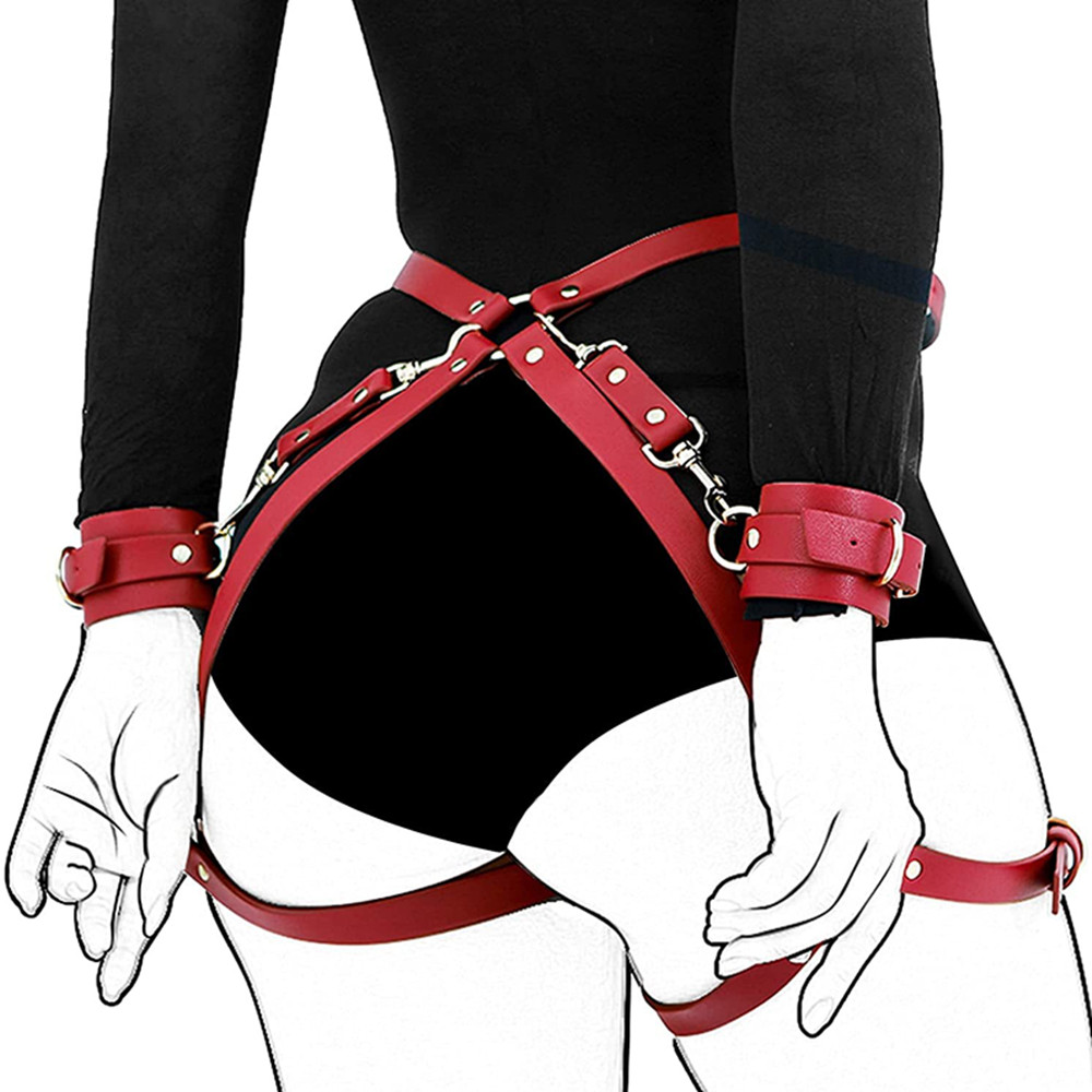 10pcs - Burgundy Punk Leather Strong Sturdy Thigh Waist Strap and Wrist Chain Cuffs Harness Bondage Set|GCSM039|UK seller
