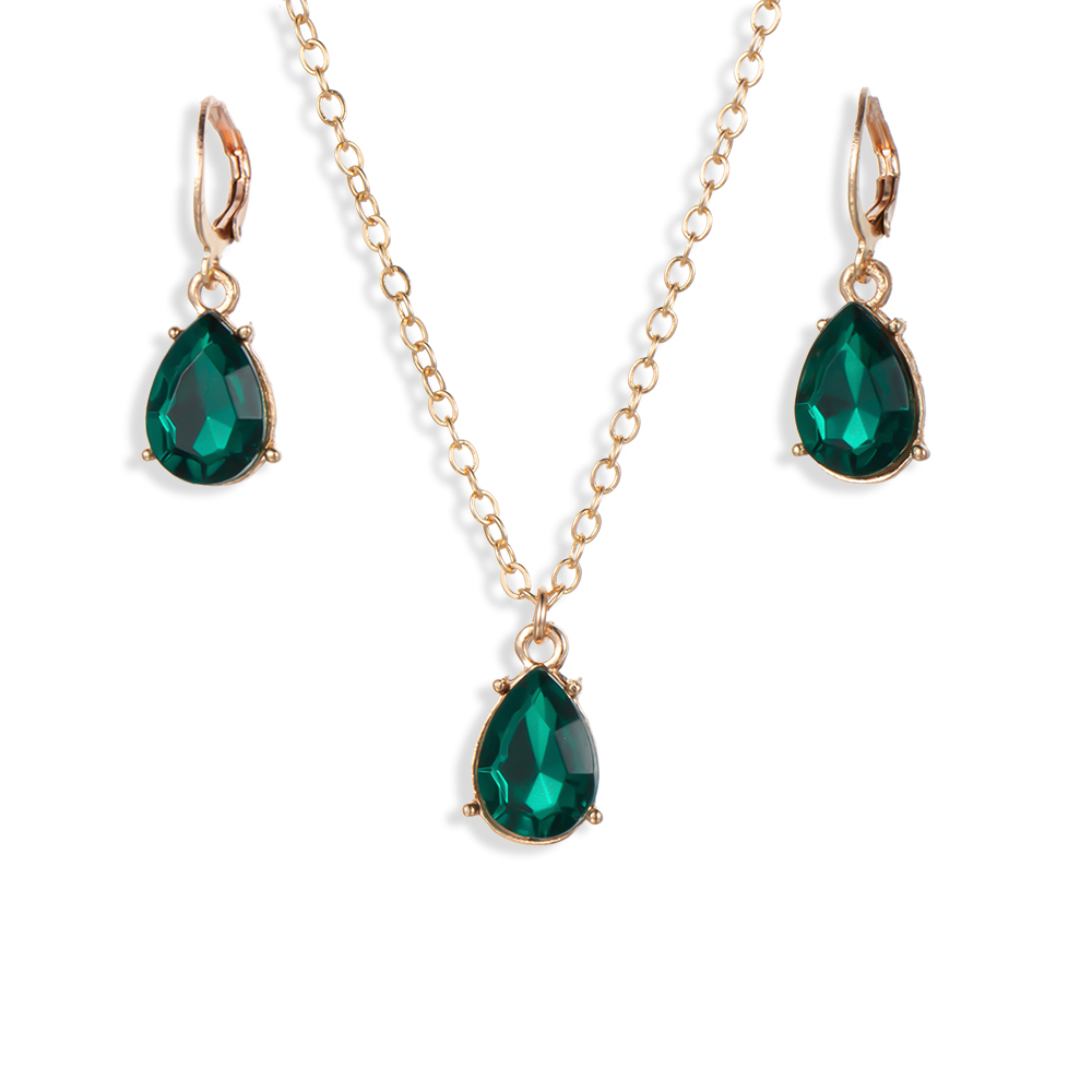 10pcs - Women Emerald Crystal Water Drop Rosegold Tone Pendant Necklace and Clip-on Earrings|GCJ418|UK seller