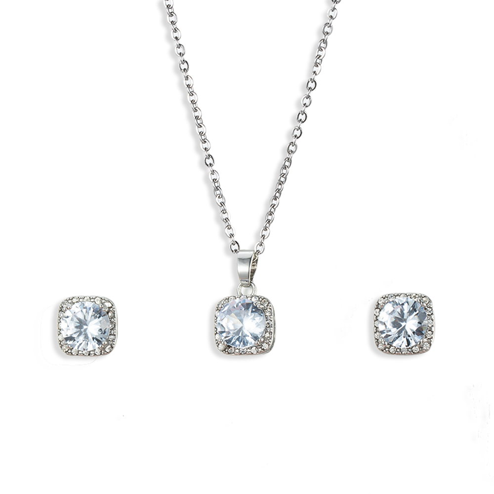 10pcs - Silver Tone Square Crystal Pendant Necklace and Stud Earrings Set|GCJ428|UK seller