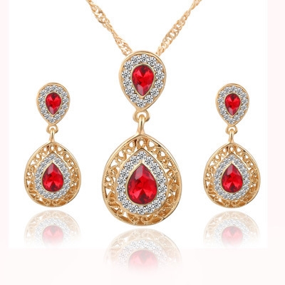 10pcs - Gold Tone Women Red Water Drop Crystal Pendant Necklace and Earrings Set|GCJ427|UK seller
