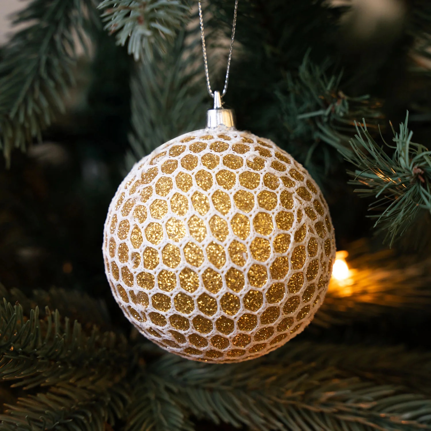 144 x Christmas Glitter Net Bauble Hanging  Decoration - Gold