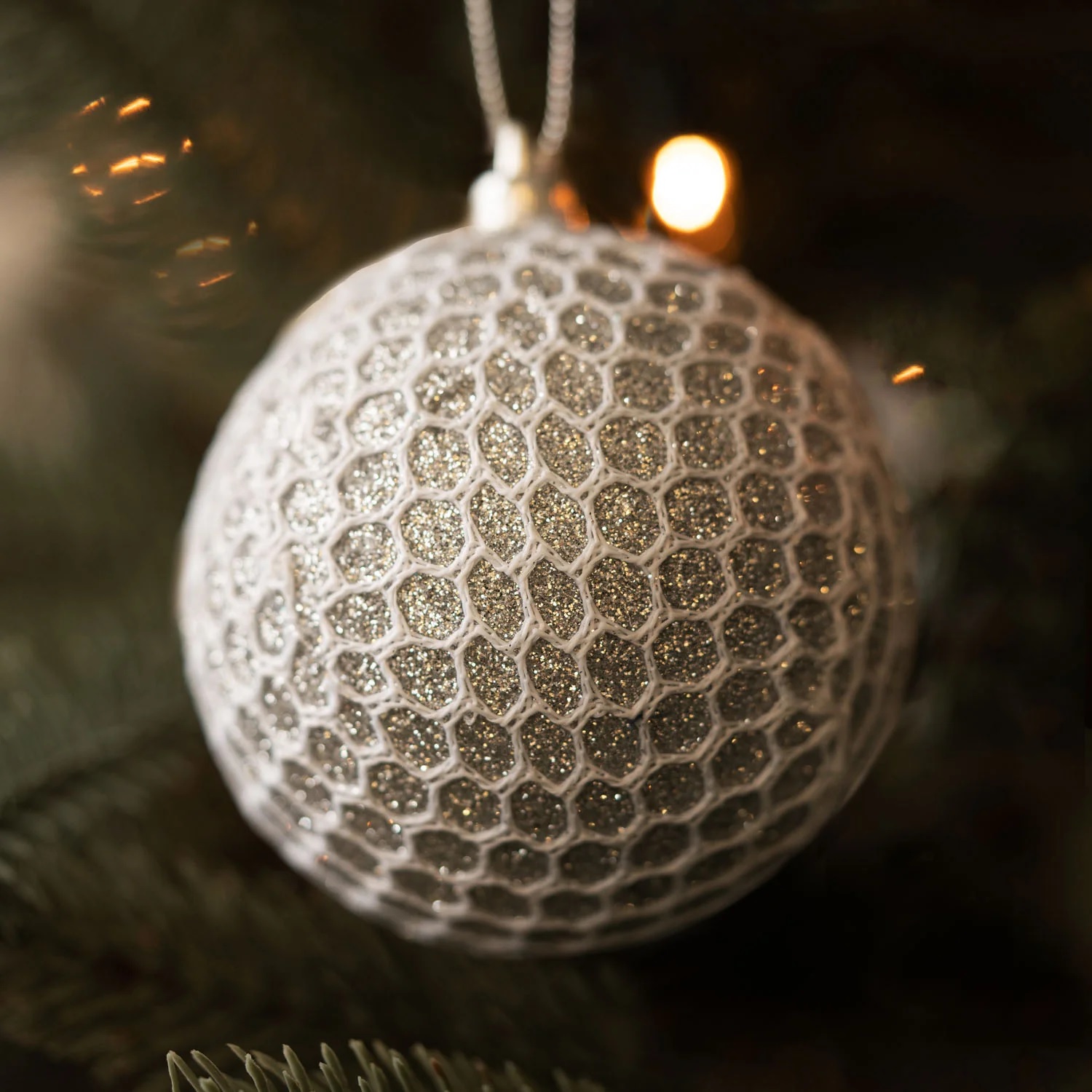 96 x Christmas Glitter Net Bauble Hanging  Decoration - Silver