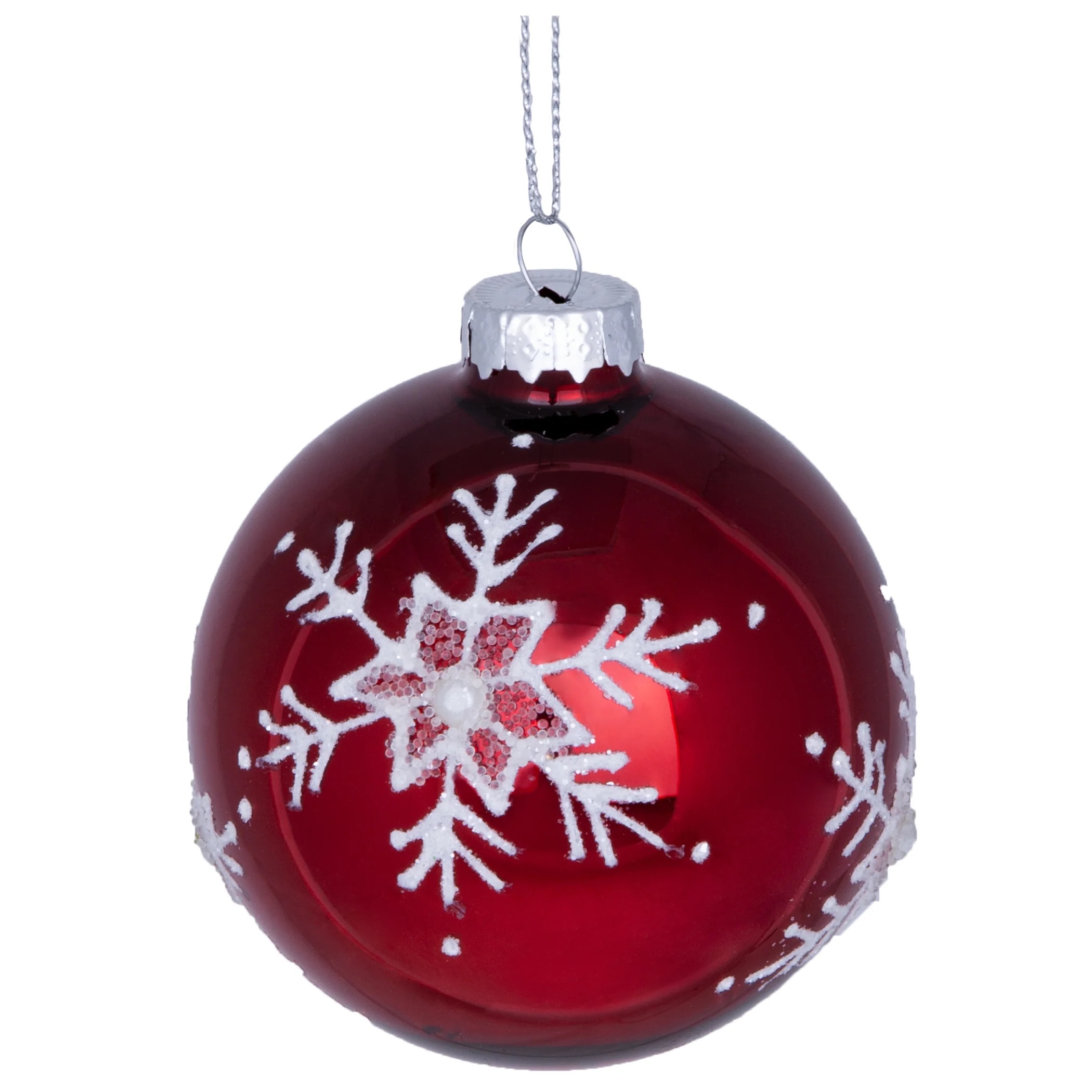 144 x Christmas Glass Bauble Hanging  Decoration -  Red and White Pearl Glitter Snowflake