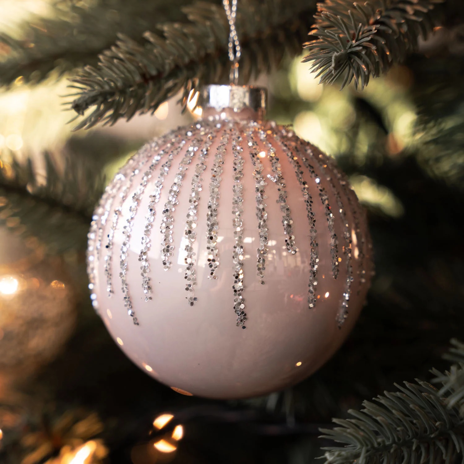 144 x Christmas Glass Bauble Hanging  Decoration -   Pink and Silver Glitter Drop