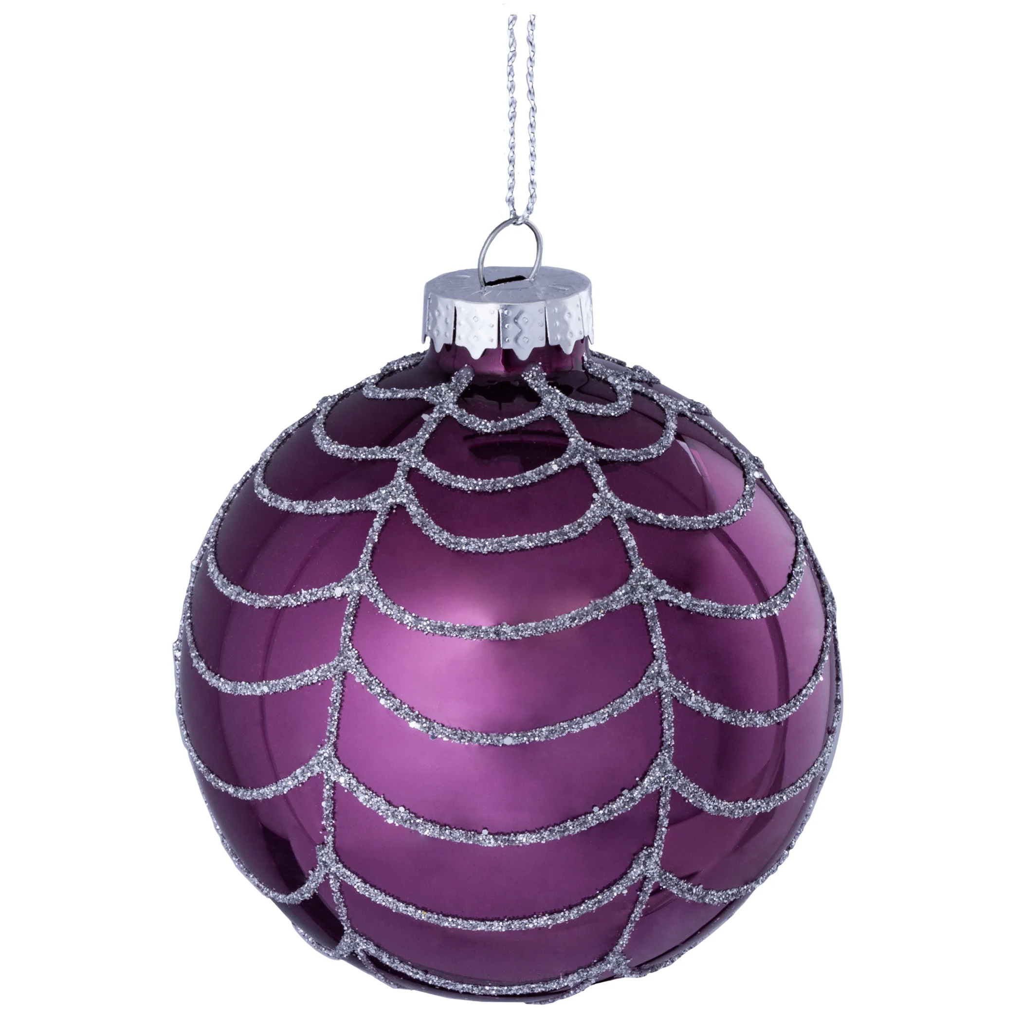 144 x Christmas Glass Bauble Hanging  Decoration - Purple and Silver Glitter Web