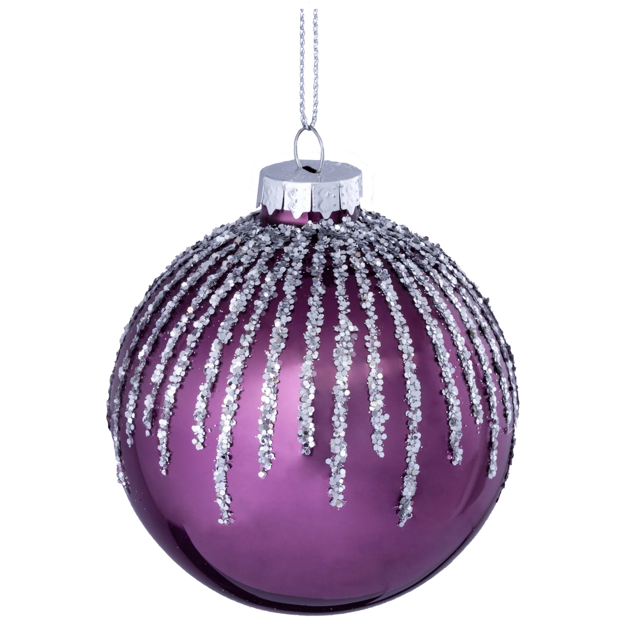 144 x Christmas Glass Bauble Hanging  Decoration - Purple and Silver Drop Glitter