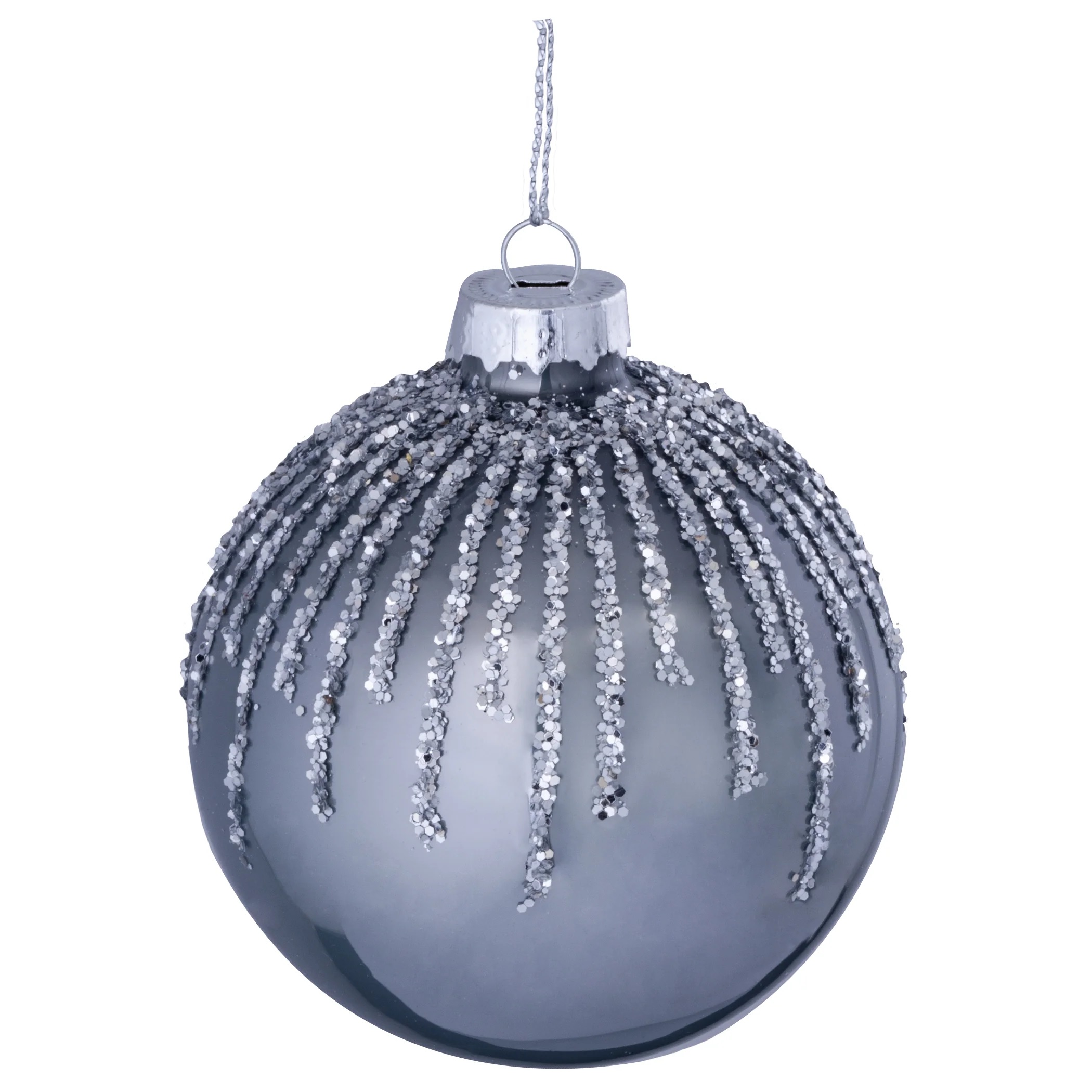144 x Christmas Glass Bauble Hanging  Decoration - Grey and Silver Glitter Drop