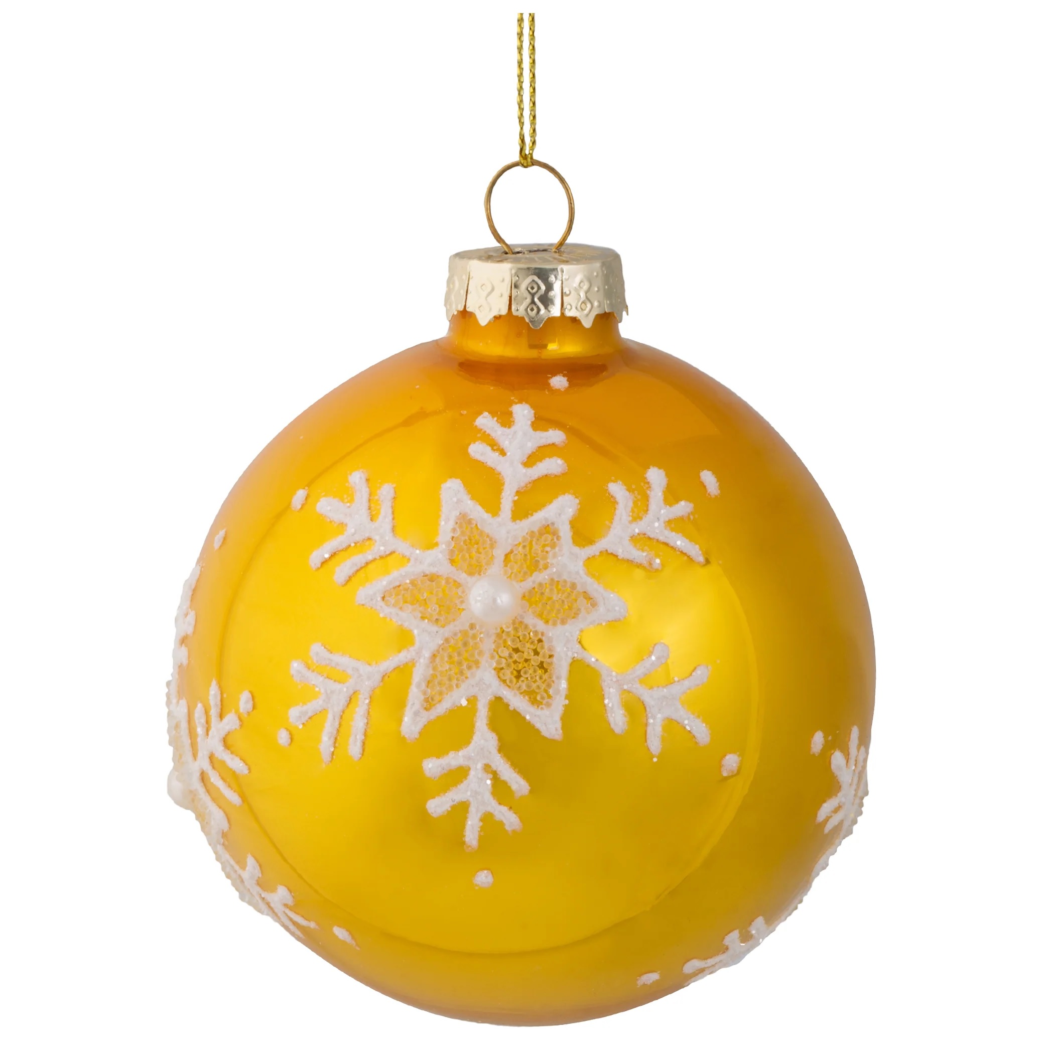 144 x Christmas Glass Bauble Hanging  Decoration -  Yellow and White Pearl Glitter Snowflake