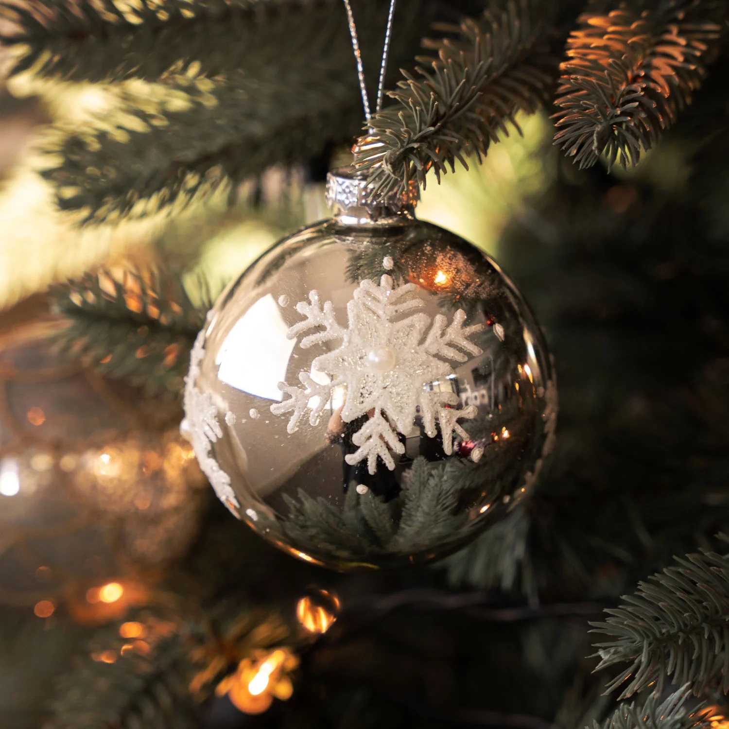 144 x Christmas Glass Bauble Hanging  Decoration -  Silver and White Pearl Glitter Snowflake