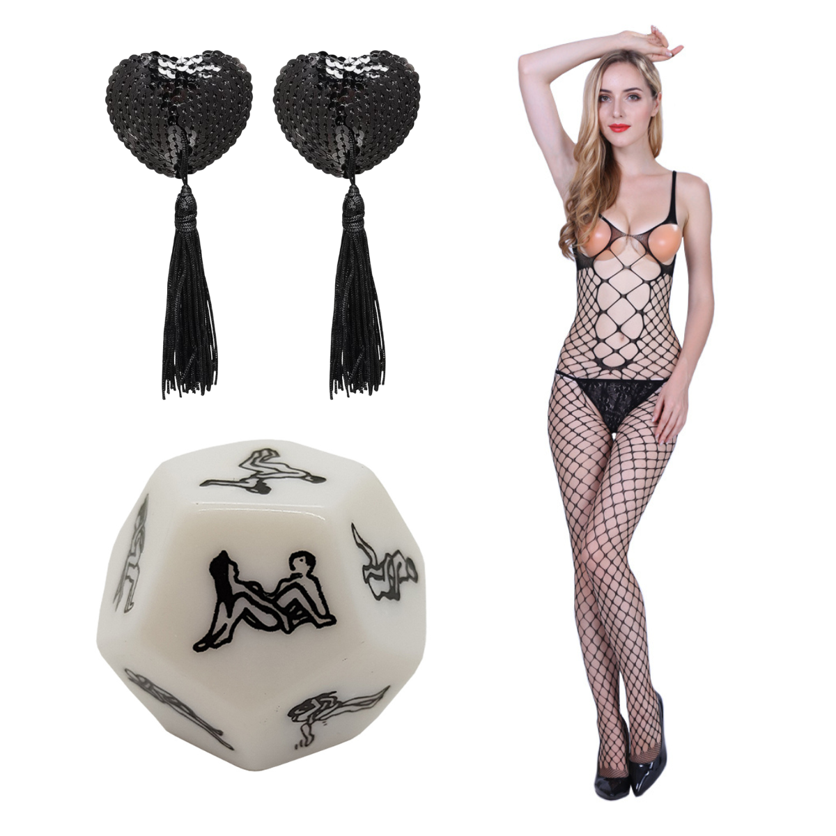 30pcs - Kamasutra Sex Dice, Black Heart-shaped Nipple Tassels And Sexy Fish Net Open Boob Bodystocking Set (Total 10 Sets)|GCAPSET032 (GCL042096AP033)