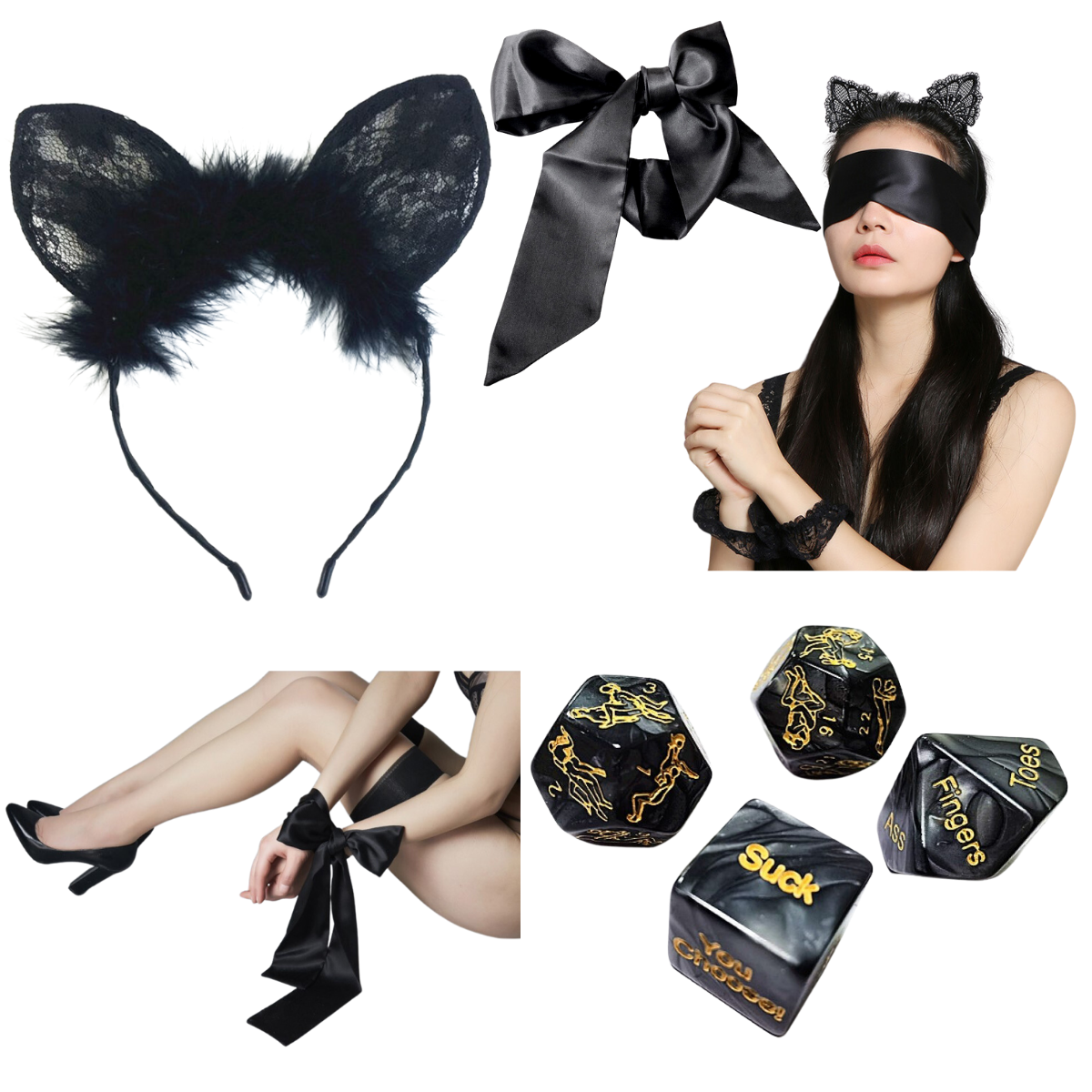 30pcs - Black Kinky Play Dice, Soft Silky Blindfold And Cat Ears Fluffy Headband Set (Total 10 Sets)|GCAPSET036 (GCSM008AP033GCL116)|UK seller