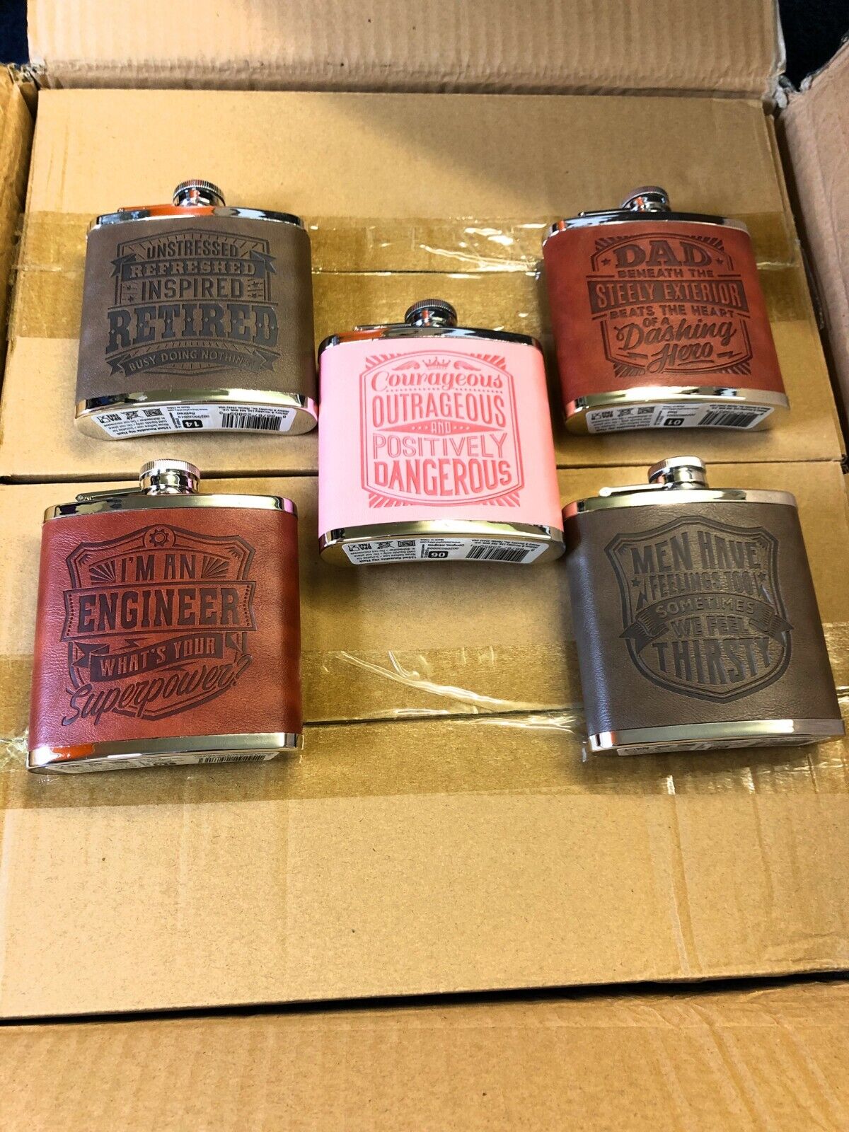 Wholesale lot 72 x Novelty Hip Flasks Top Bloke Pre-Branded  - Mixed Designs 