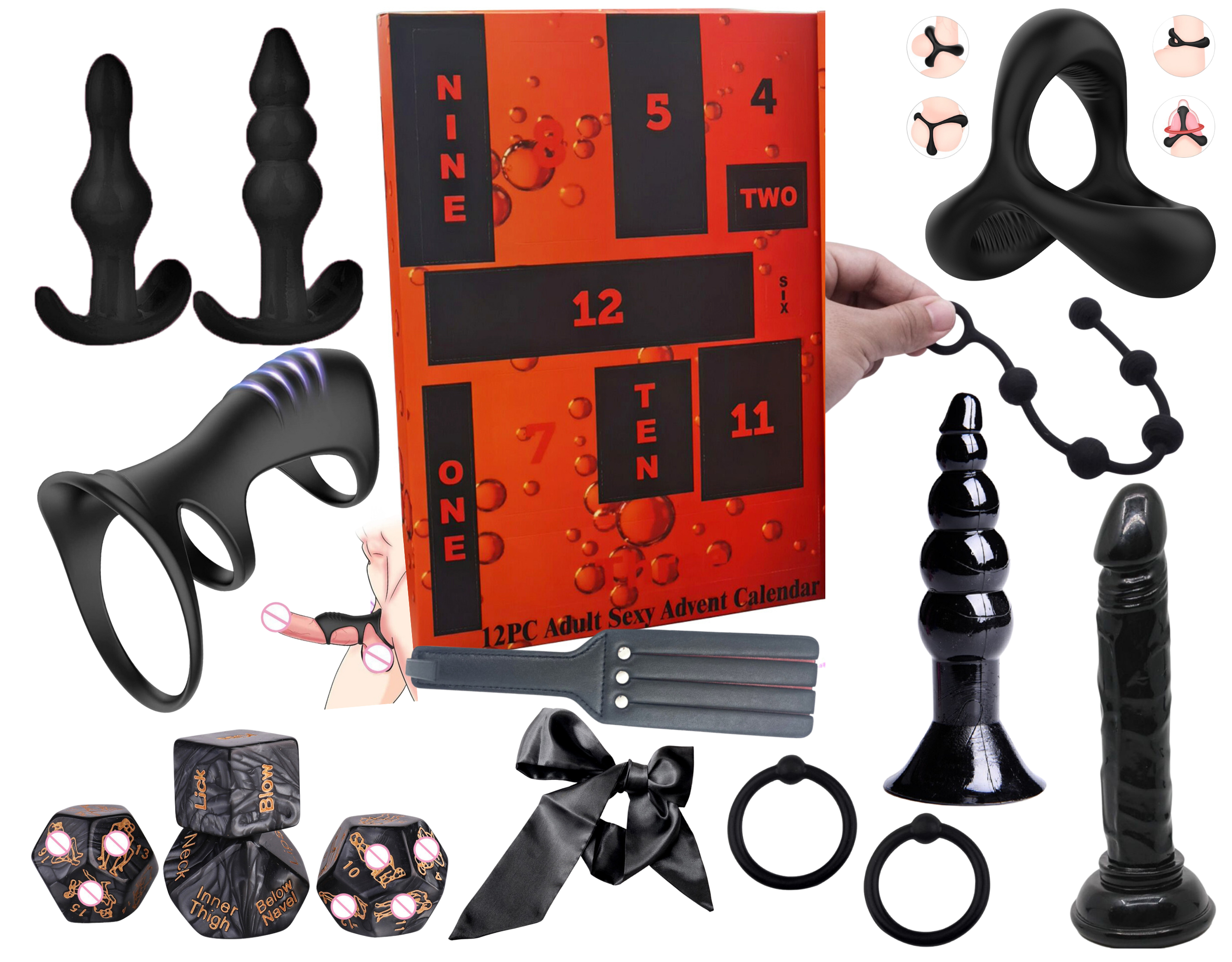 5 Boxes - Sex Toy Bundle Beginner Kit Butt Anal Plug Penis Ring and Bondage Adult Game Fetish Deluxe Advent Calendar - 12PC Each Boxes|GCAPSET038-Blac