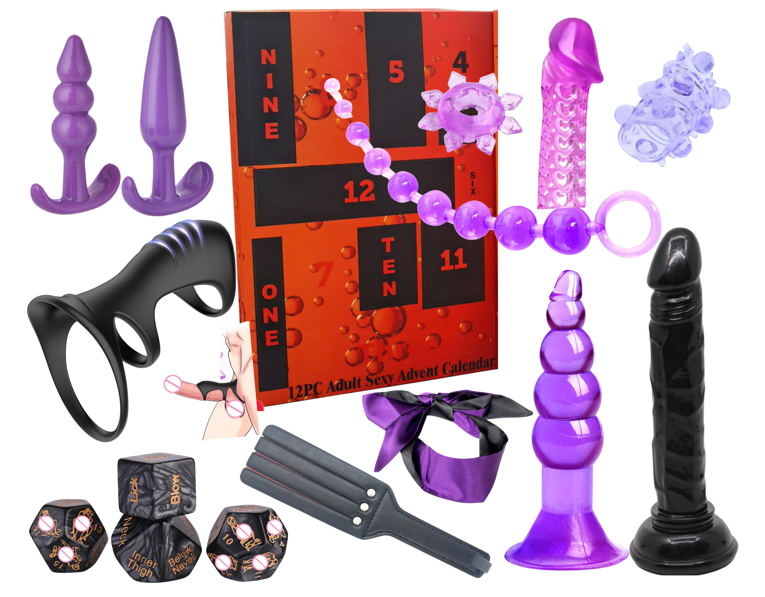 5 Boxes - Sex Toy Bundle Beginner Kit Butt Anal Plug Penis Ring and Bondage Adult Game Fetish Deluxe Advent Calendar - 12PC Each Boxes|GCAPSET038-Blac