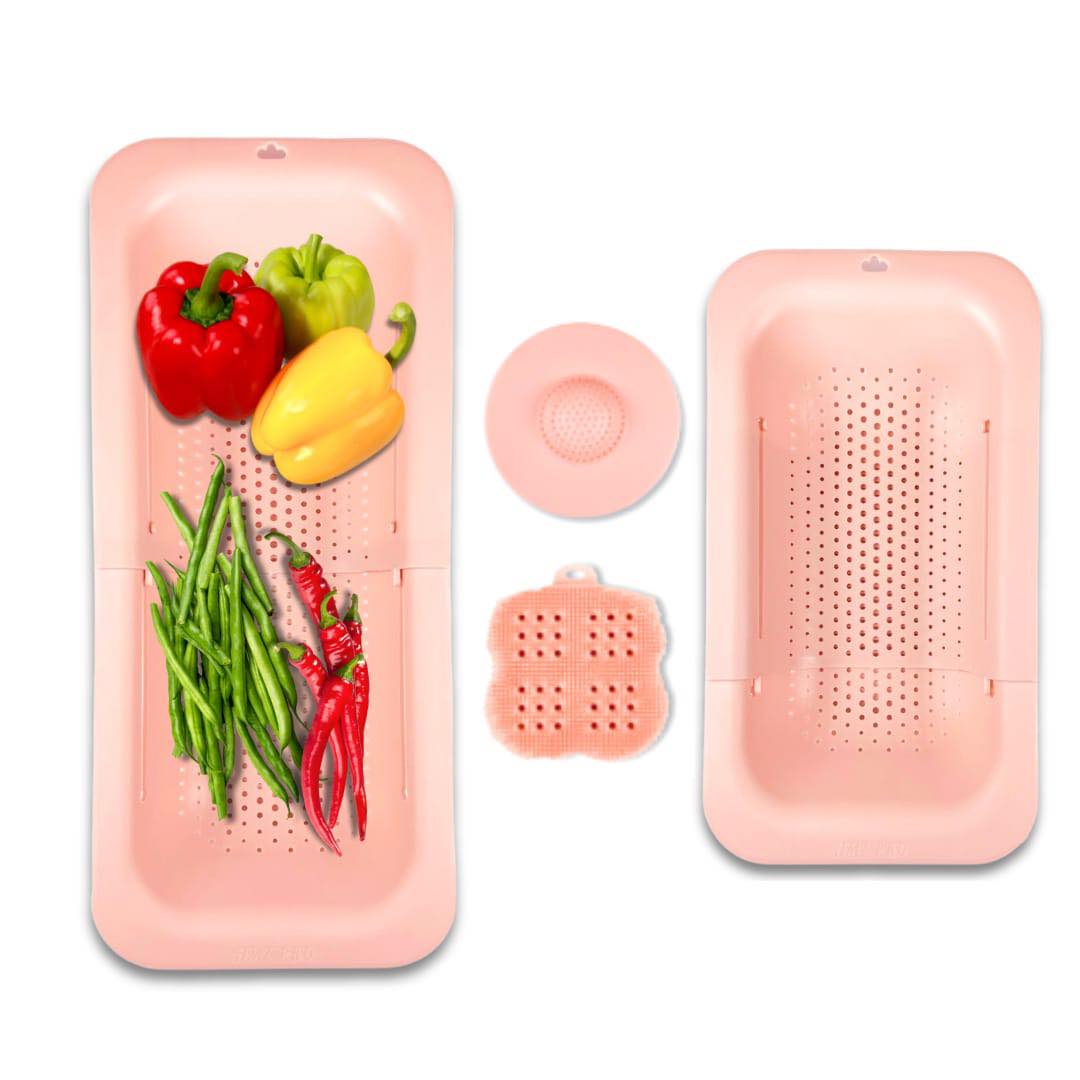 Wholesale AMZ Pro Adjustable Over Sink Colander with Drain Cover and Dish Brush Perfect for Fruit & Vegetables - Pink