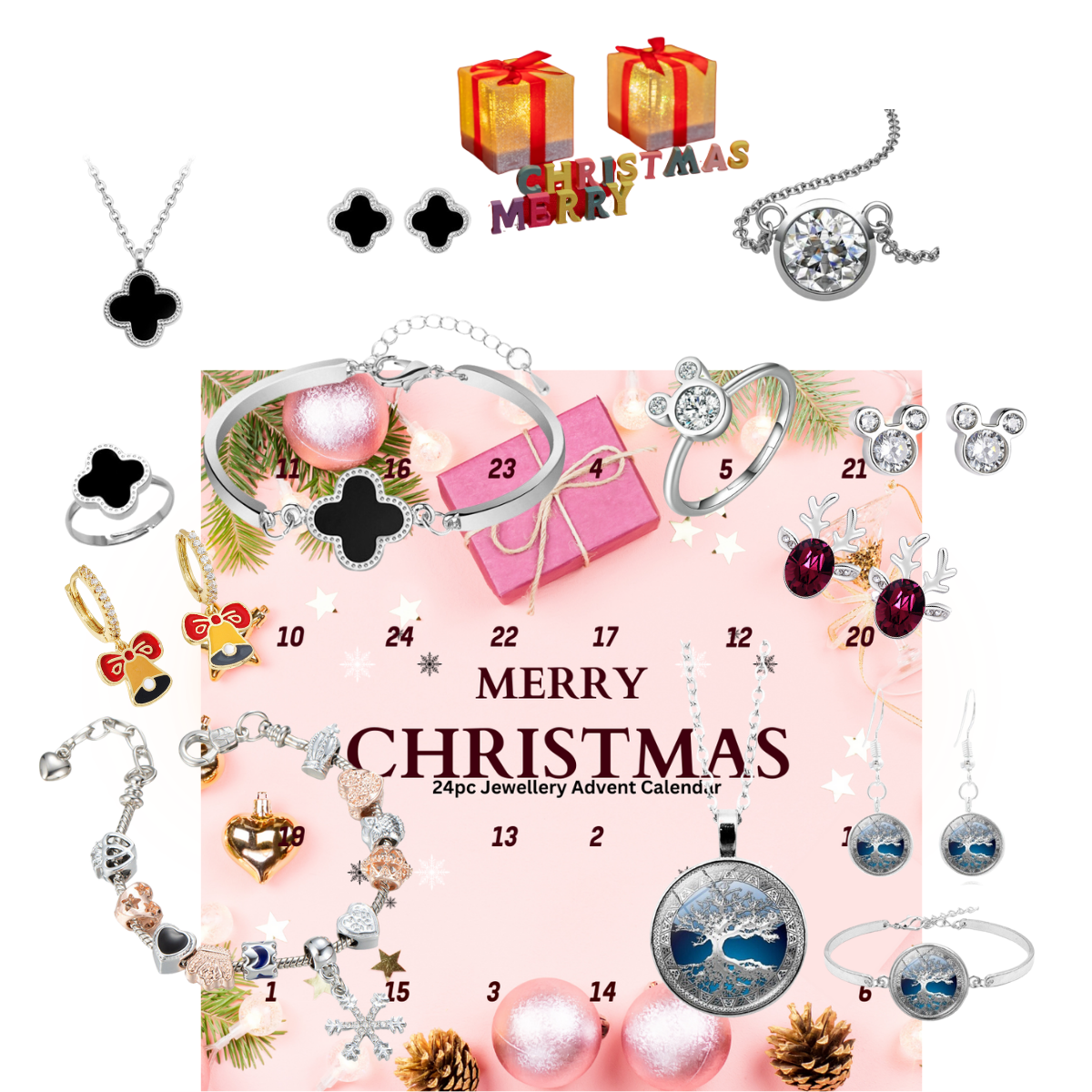 5 Boxes - Christmas Gift Set for Her Jewellery Advent Calendar Countdown-Bracelet, Pendant, Earrings and Rings - 24pcs/Box|GCJSET021-2|UK seller