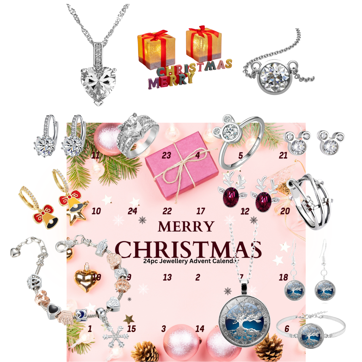 5 Boxes - Gifts for Her Christmas Advent Calendar Jewellery Set-Bracelet, Pendant, Earrings and Rings - 24pcs/Box|GCJSET021-3|UK seller