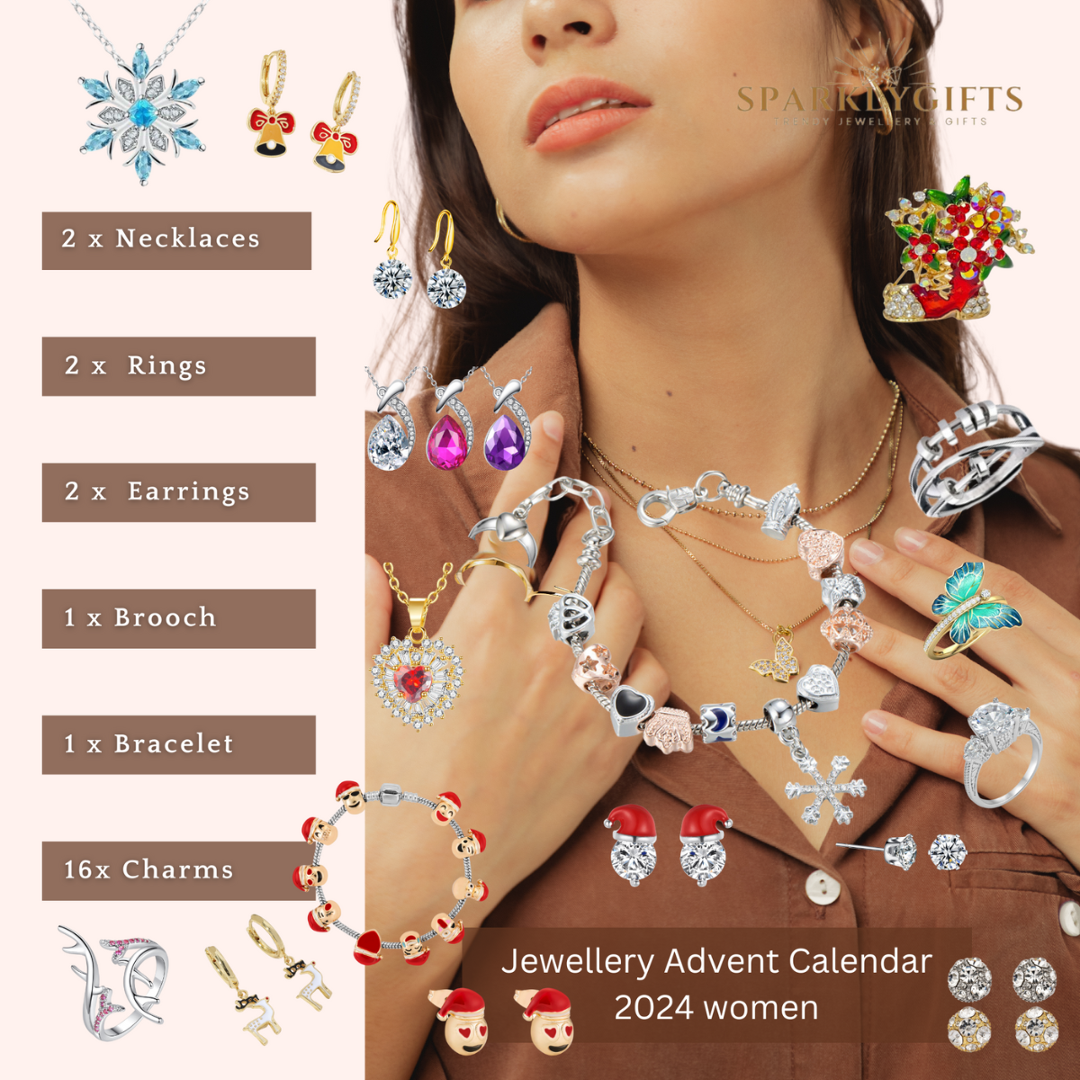 10 Boxes - Christmas Gifts for Her Advent Calendar Jewellery Set-Bracelet, Pendant, Earrings and Rings - 24pcs/Box|GCJSET021-4|UK seller