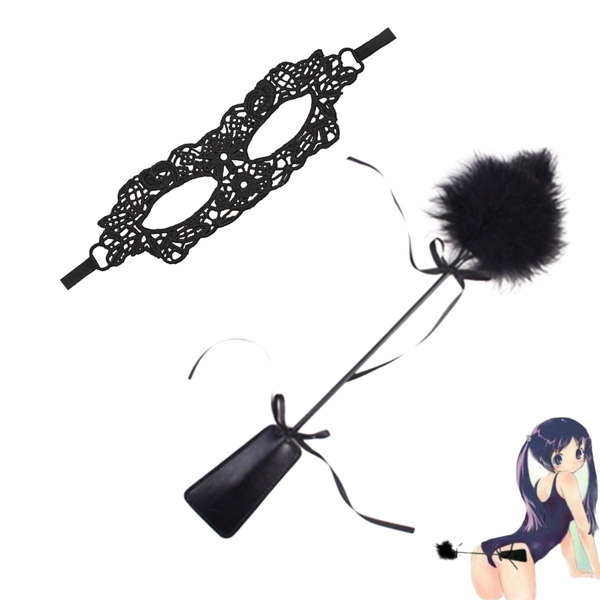 10pcs - 2-in-1 Spanking Paddle and Tickler and Sexy Embroidered Masquerade Mask|GCSM014GCL035-Black |UK seller