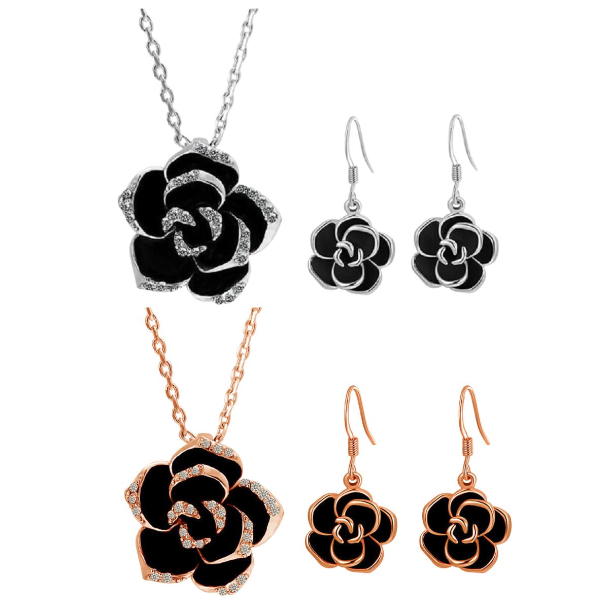 20pcs - Crystal Black Rose Flower Petals Pendant Necklace And Earrings Set - 5 Sets Each Colour|GCC095Variations|UK seller