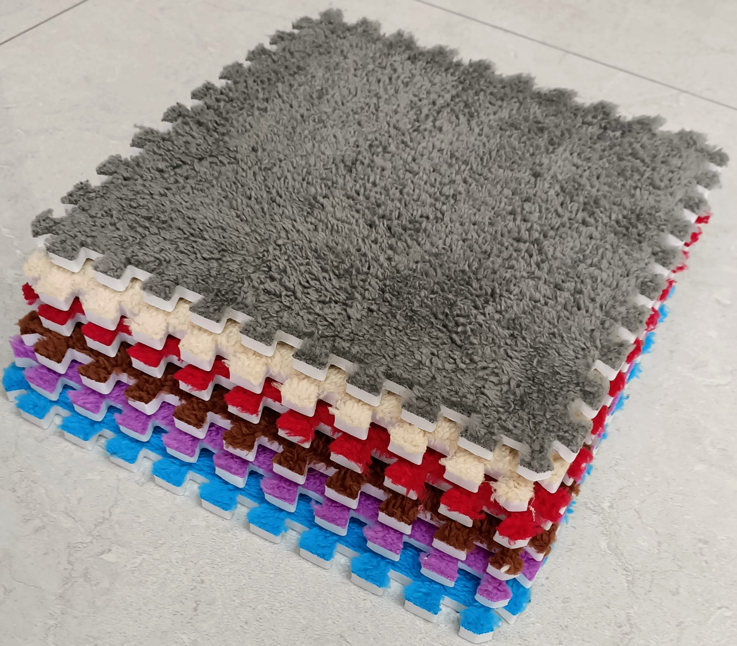 (Grey) 10pcs EVA Foam Soft & Shaggy Floor Mats Interlocking Rug Tiles - Puzzle Mat