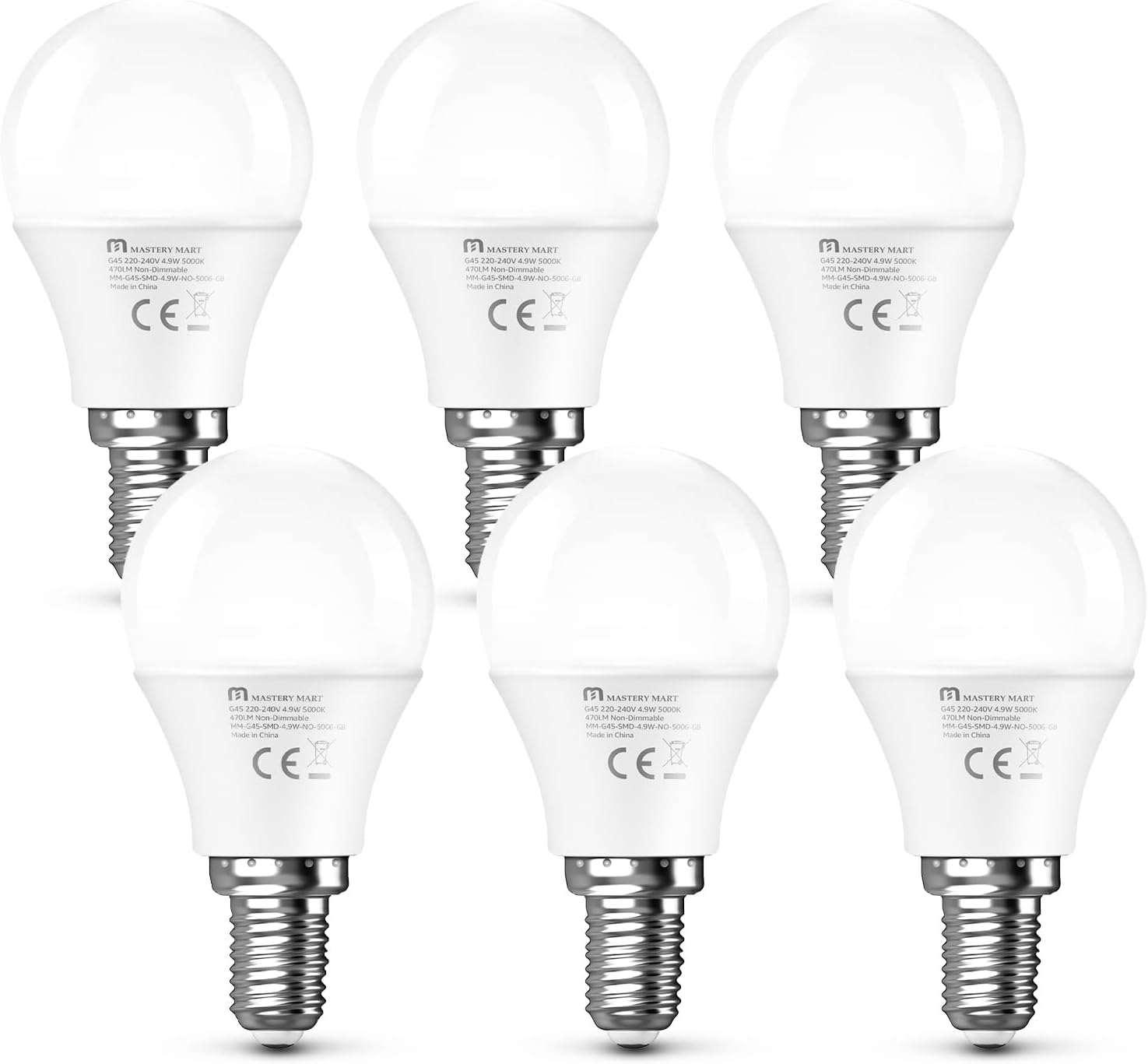 Mastery Mart E14 Led Light Bulbs, Pack of 6, 4.9W Warm (Soft White), G45 Small Globe Bulbs