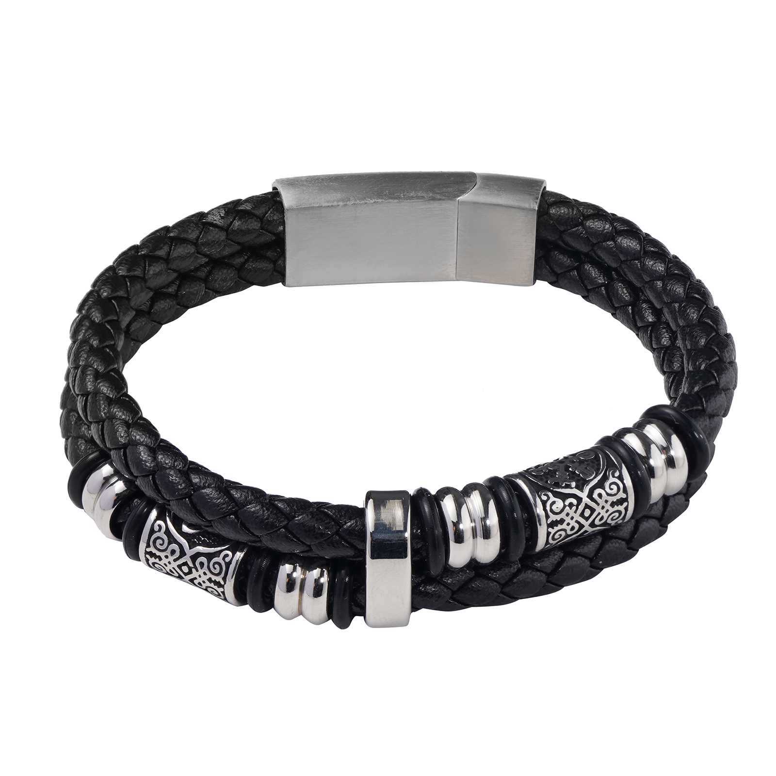 10pcs-Stylish Triquetra Men’s Black Leather Beads Bracelet In Silver Tone|GCJ448|UK seller