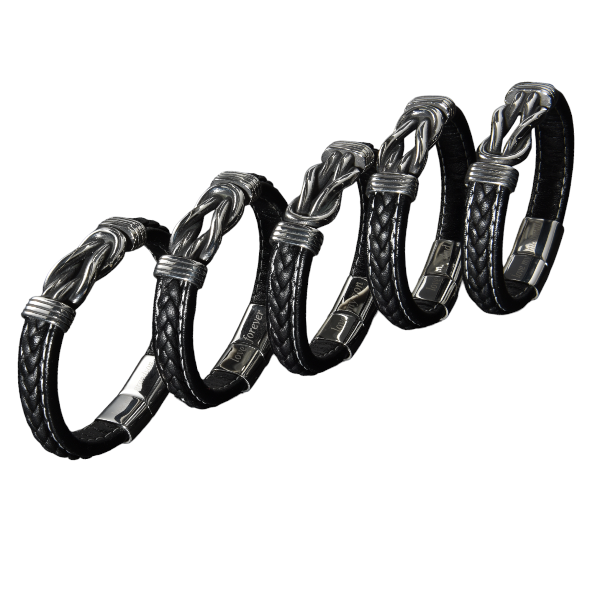 10pcs-Stylish Men’s Black Leather Stainless Steel Infinity Knot Bracelet With Engraved Messages (2pcs Each)|GCJ449|UK seller
