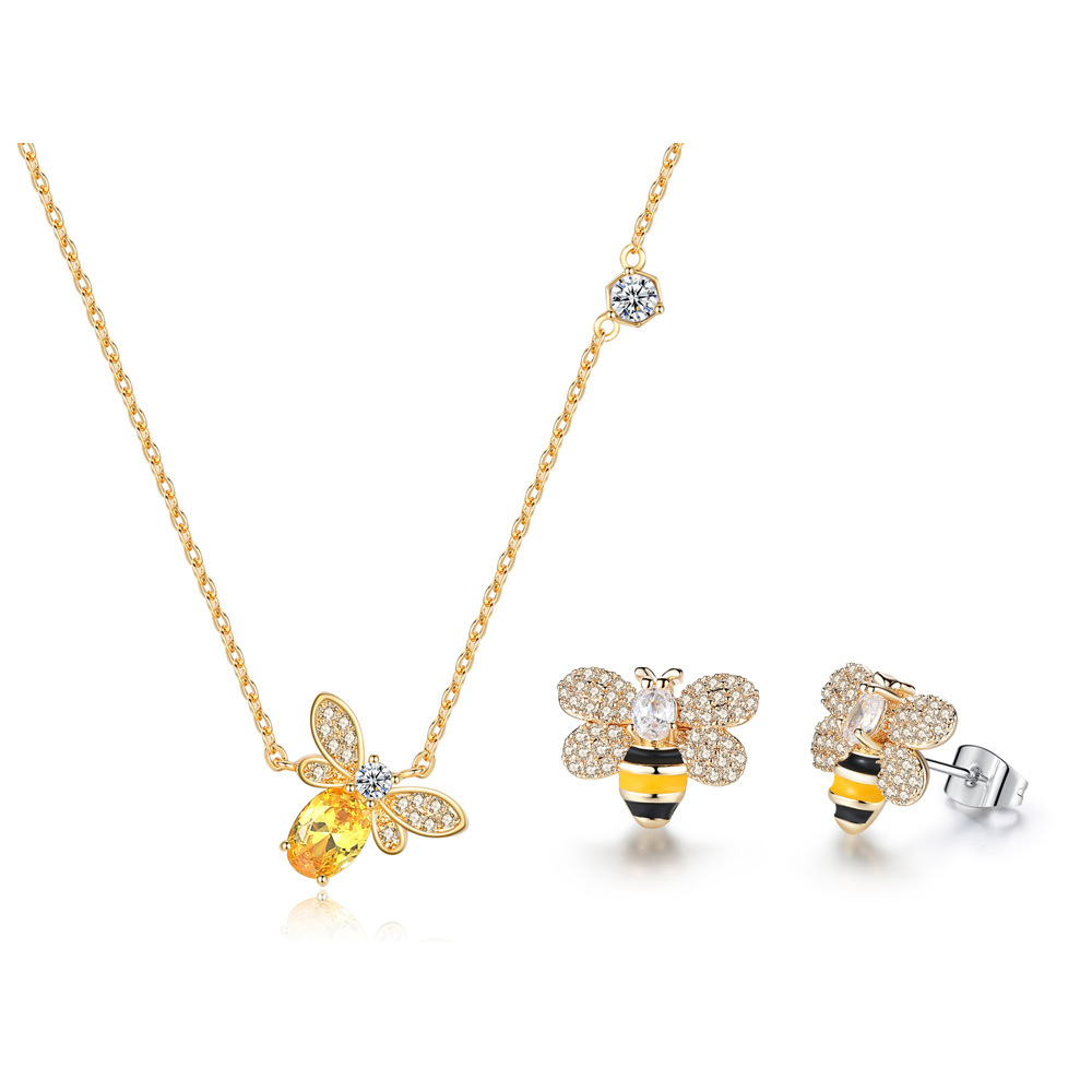 10 Sets-Fashion Cute Bee Crystal Pendant Necklace and Stud Earrings Set|GCJ603-Necklace&Earrings|UK seller