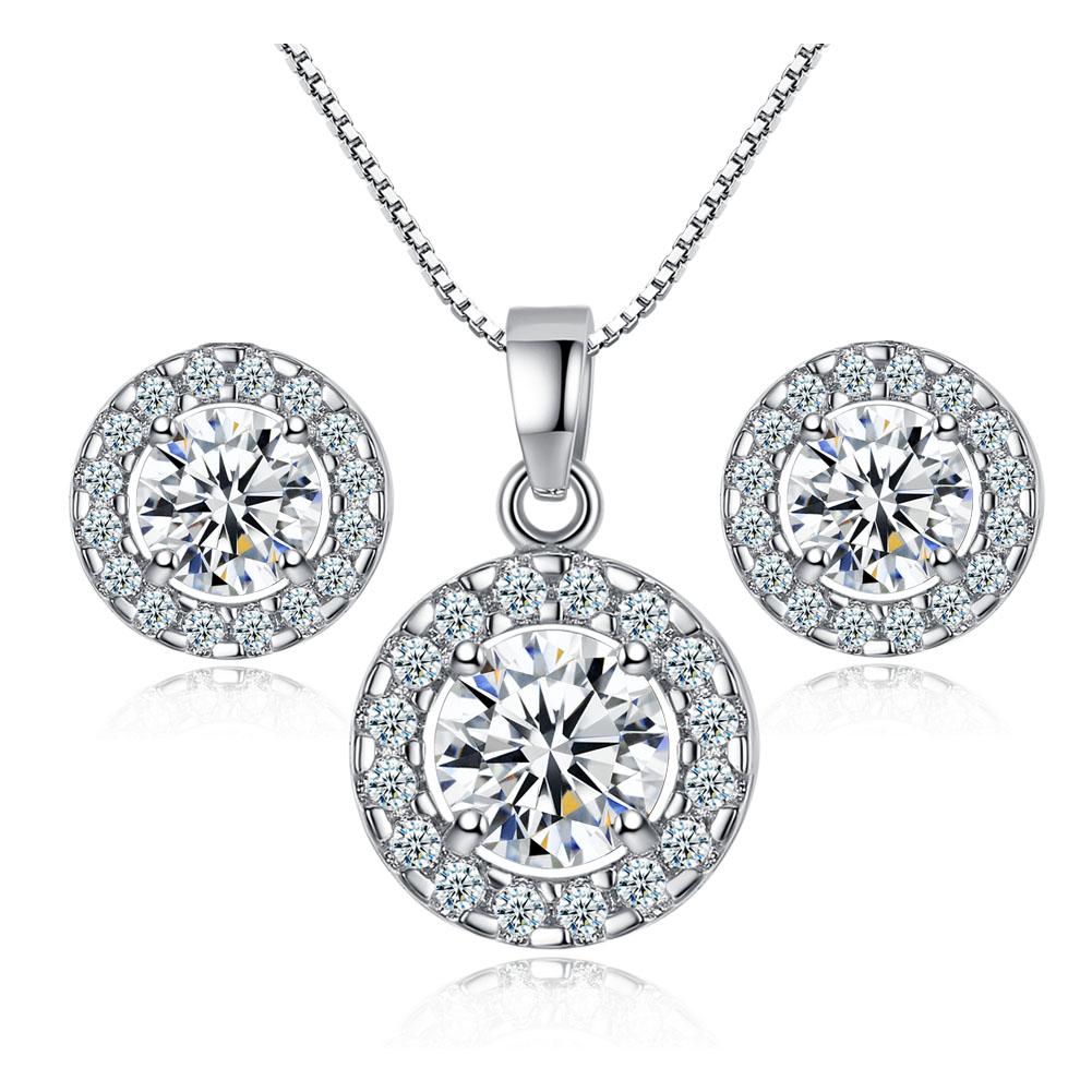 10 Sets-Crystal Cubic Zirconia Halo Pendant Necklace and Stud Earrings Jewellery Set|GCJ605-Necklace&Earrings|UK seller