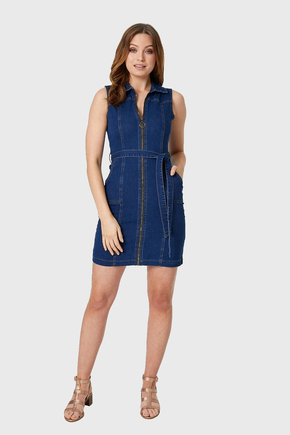 10 x Mix size Designer STELLA MORGAN zip front wing collar denim dress RRP £39.99 each