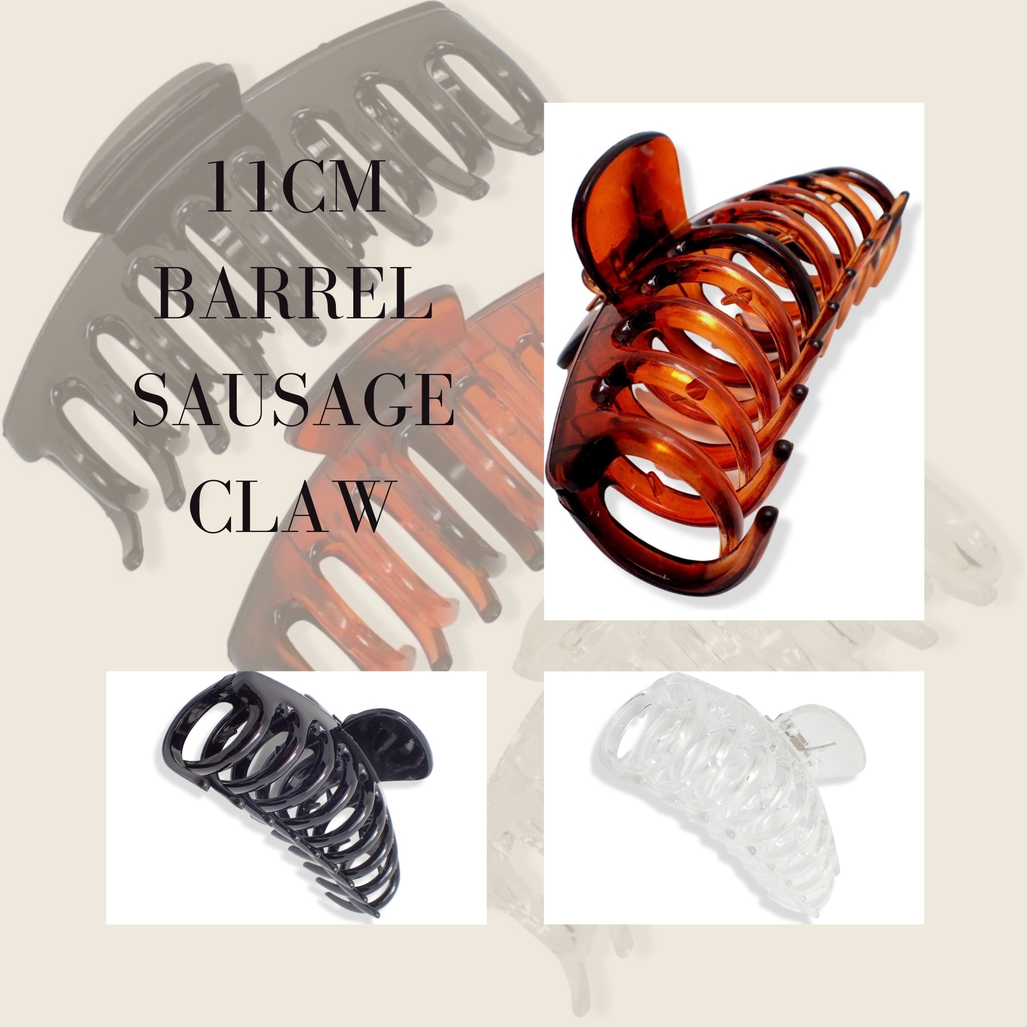 60 Sets of 3 Pieces (180 items) 11cm Barrel Sausage Claw in Tort, Black and Clear