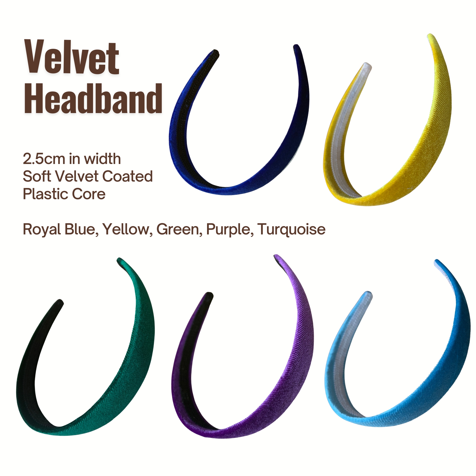 200 Velvet Coated Alice Headband, 2.5cm Width in Royal Blue, Yellow, Green, Purple and Turquoise