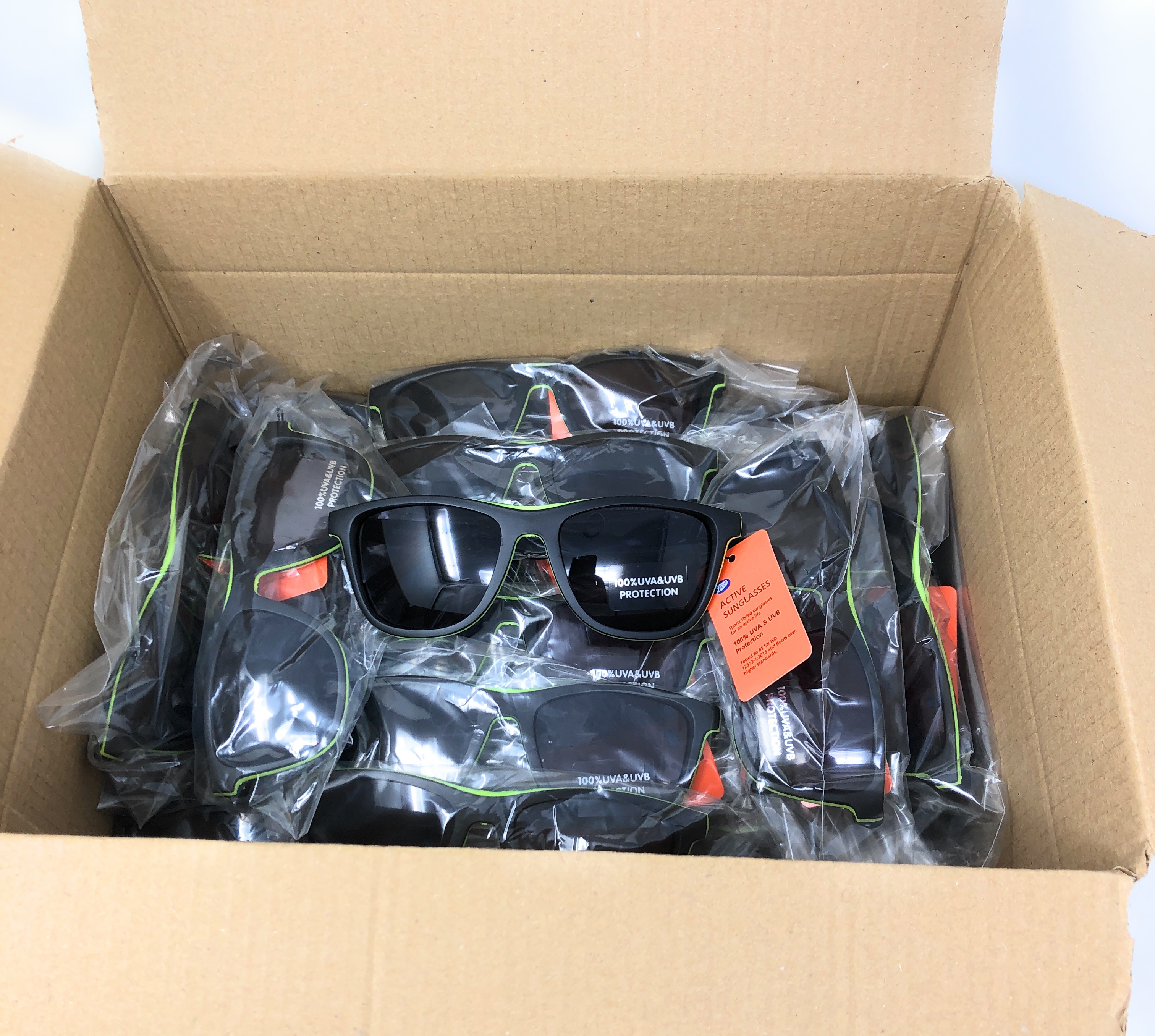 Job Lot of 25 x Men's Active Sunglasses - Black with Bright Green Trim 122J - Ex-Chain Store 