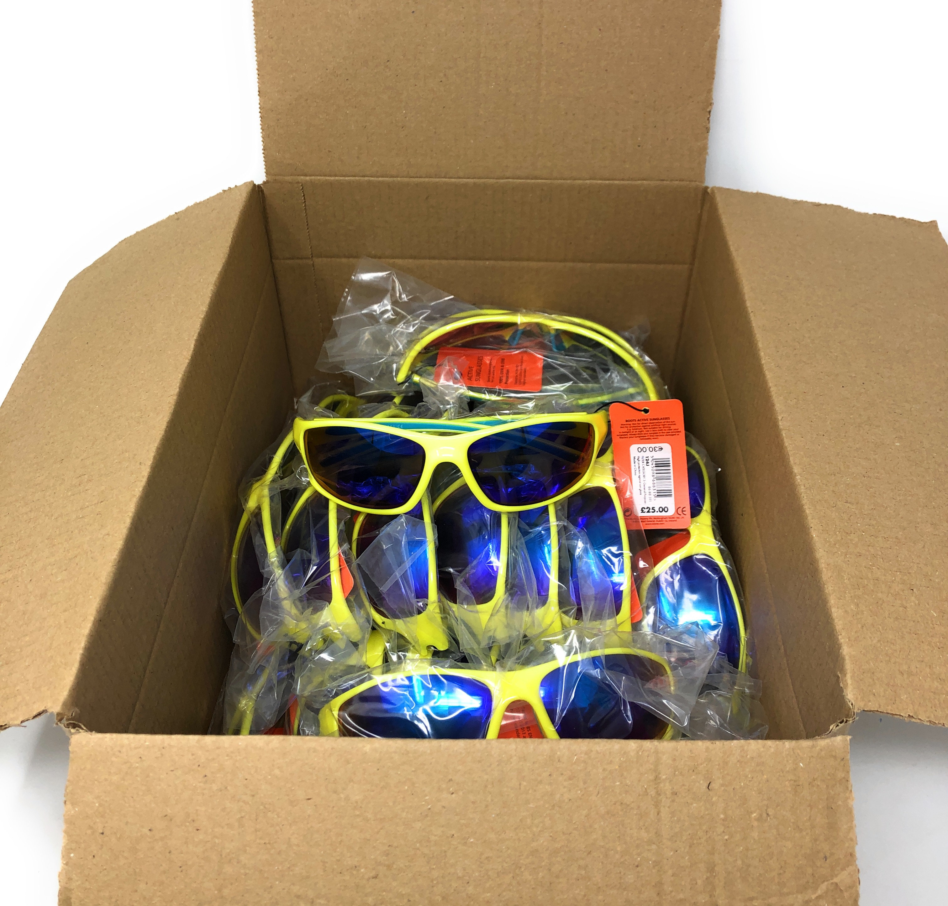 Wholesale Job Lot of 25 x Yellow Men's Sports Wraparound Sunglasses 124J(Ex-Chain Store)