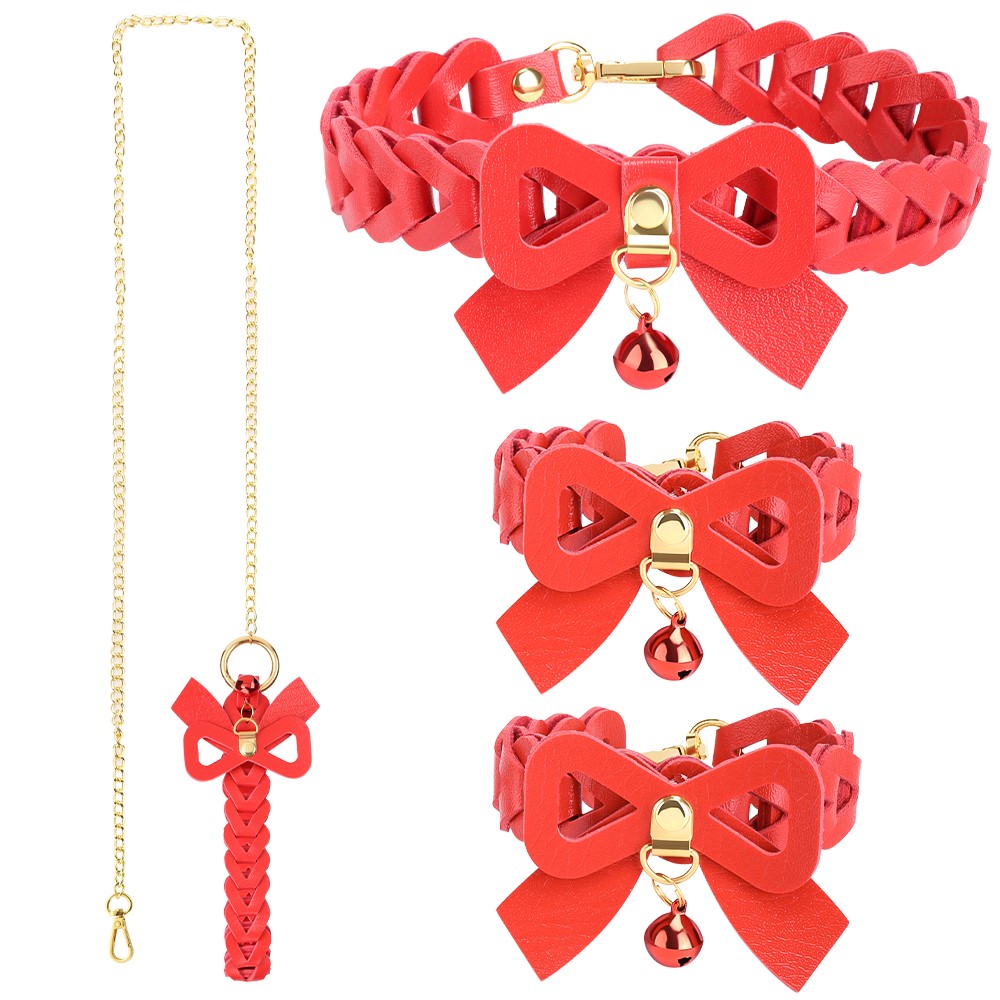 10pcs-Red Leather Handcuffs and Collar Choker Set with Gold Stainless Steel Chain BDSM|GCSM041|UK SELLER