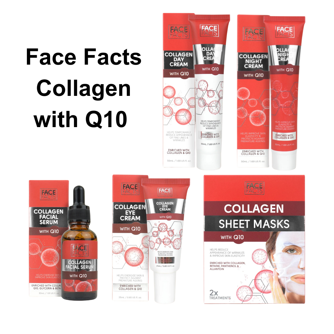 Face Facts Collagen with Q10 Skincare – Day Cream, Night Cream, Eye Cream, Facial Serum & Sheet Masks