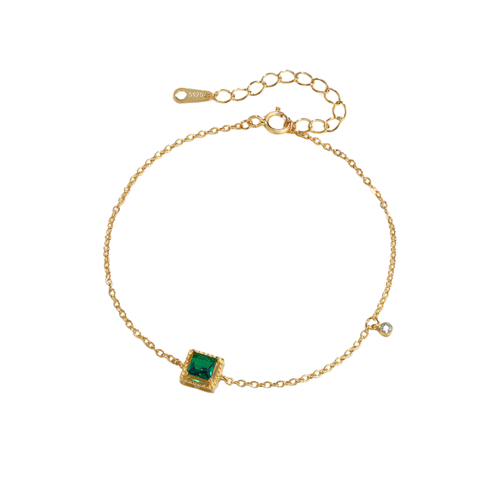 10pcs-S925 Sterling Silver Emerald Square Charm 14K Yellow Gold Plated C/Z Bracelet|GCJSB150|UK SELLER