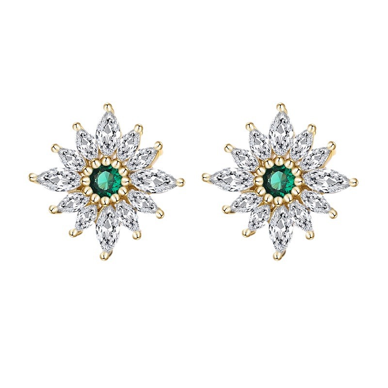 10 Pairs - S925 Sterling Silver Emerald Flower Stud Earrings 14mm with C/Z 14K Yellow Gold Plated|GCJSE121|UK SELLER