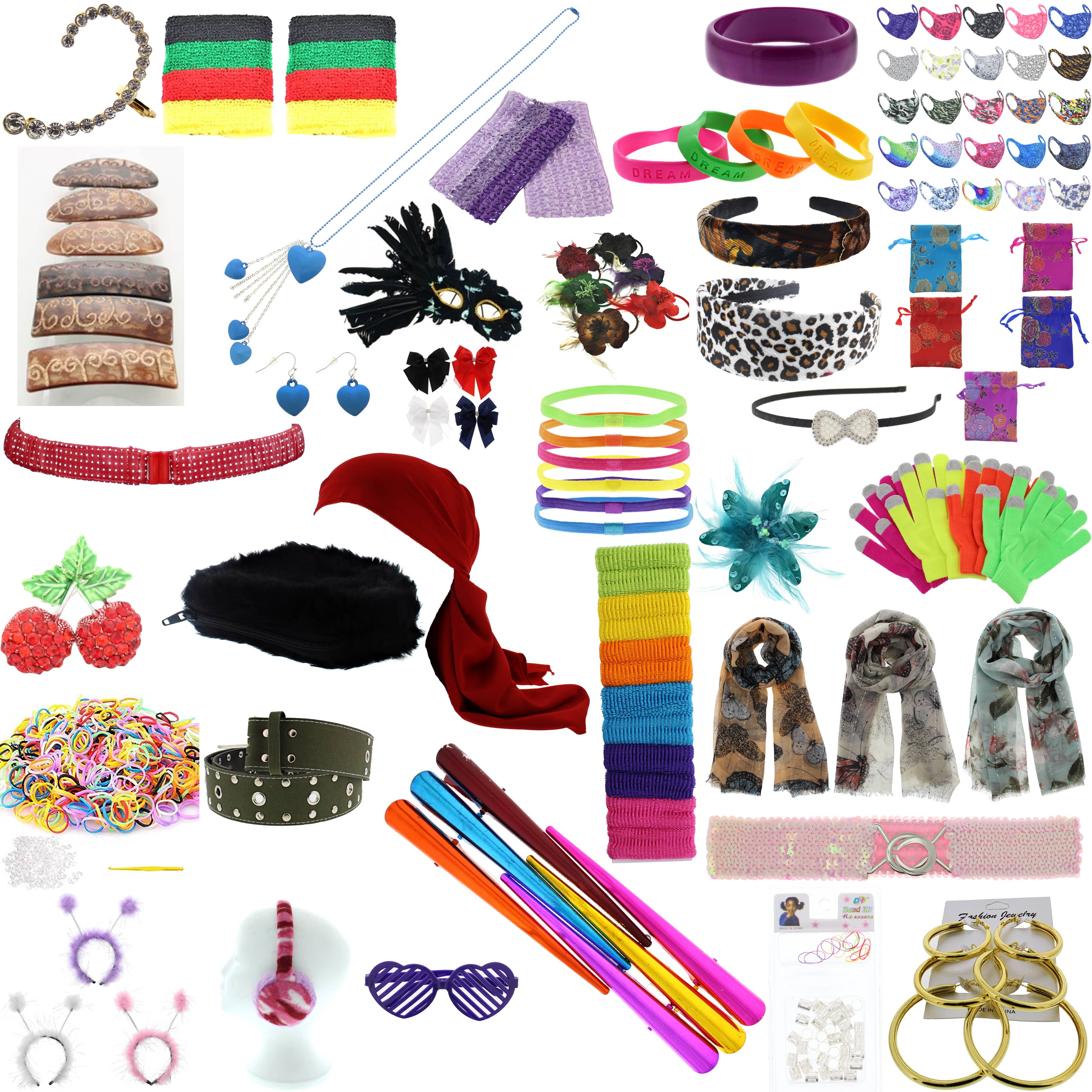 10,000 Job Lot Ladies Scarves Jewellery Hair Accessories Gloves Belts Masks Loom Bands Head Boppers Sweatbands Gift Bags