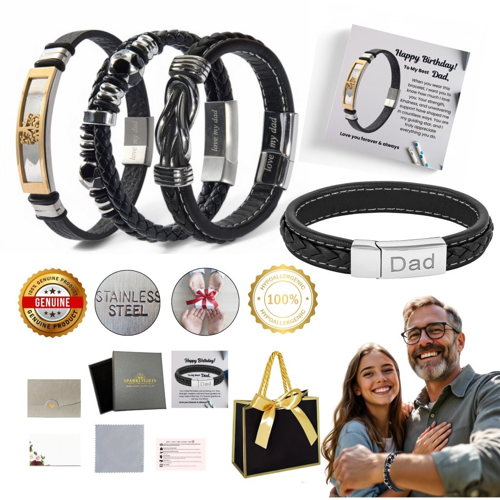 20 Sets-Dad Bracelet Leather Engraved Love My Dad with Birthday Message|GCJ043,GCJ447,GCJ449,GCJ450-Dad Birthday|UK SELLER