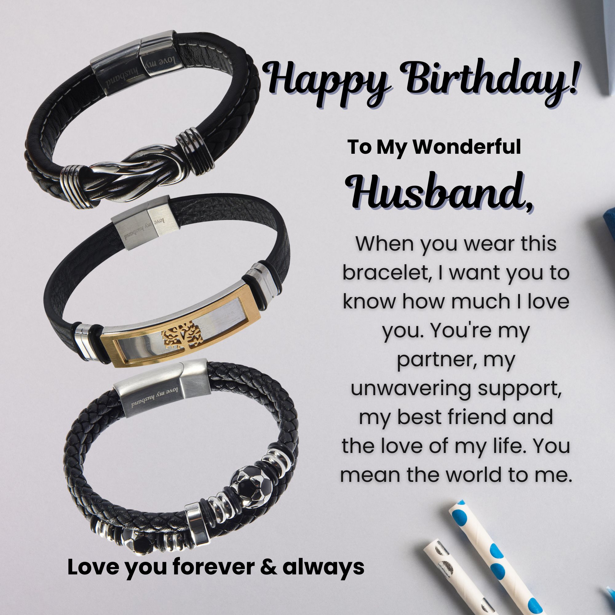 12 Sets-Happy Birthday to Husband Infinity Bracelet Leather Engraved Personalised Message Gift Set|GCJ447GCJ449GCJ450-Husband-Birthday MSG|UK SELLER