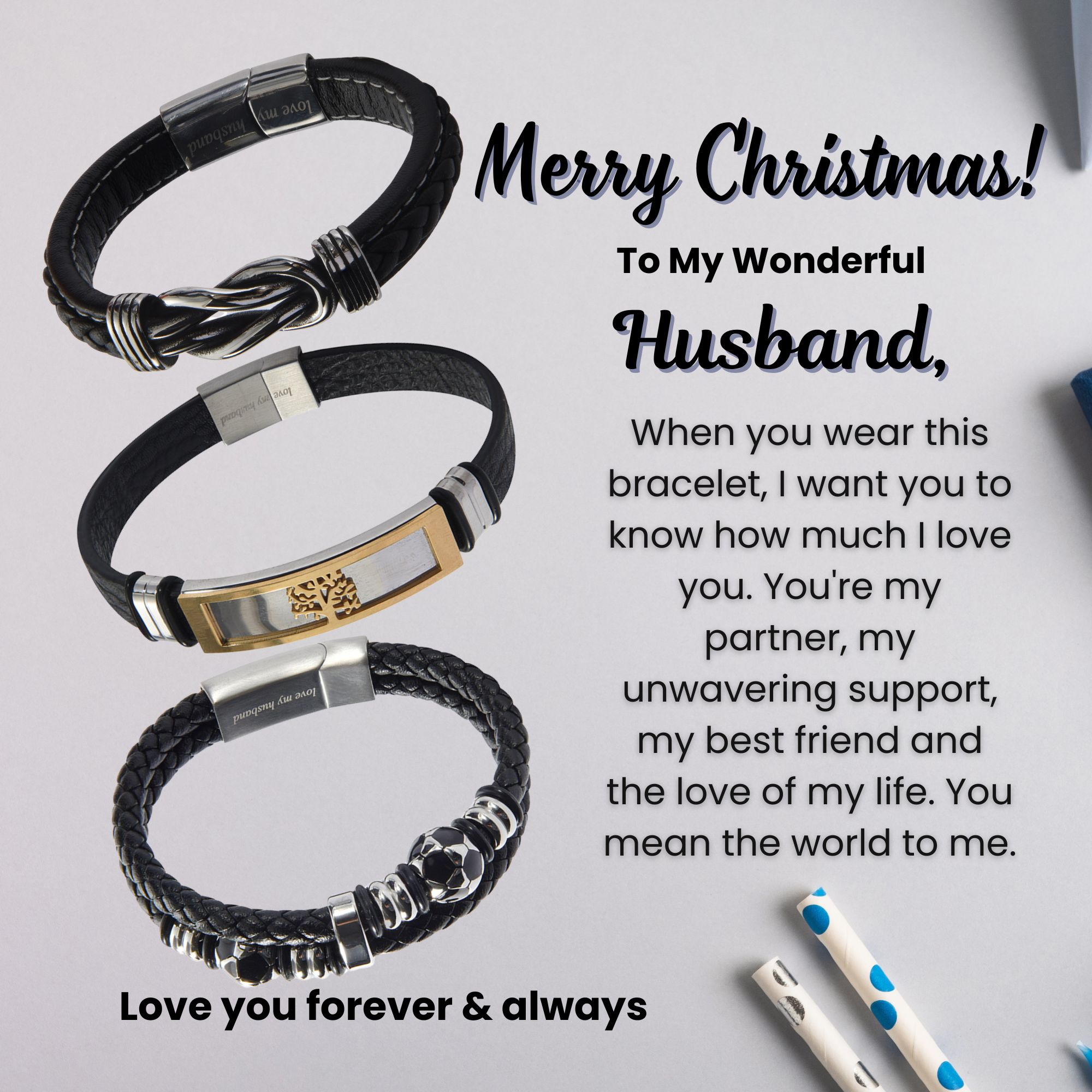 12 Sets-Merry Christmas Husband Infinity Bracelet Leather Engraved Personalised Message Gift Set|GCJ447GCJ449GCJ450-Husband-Xmas MSG|UK SELLER