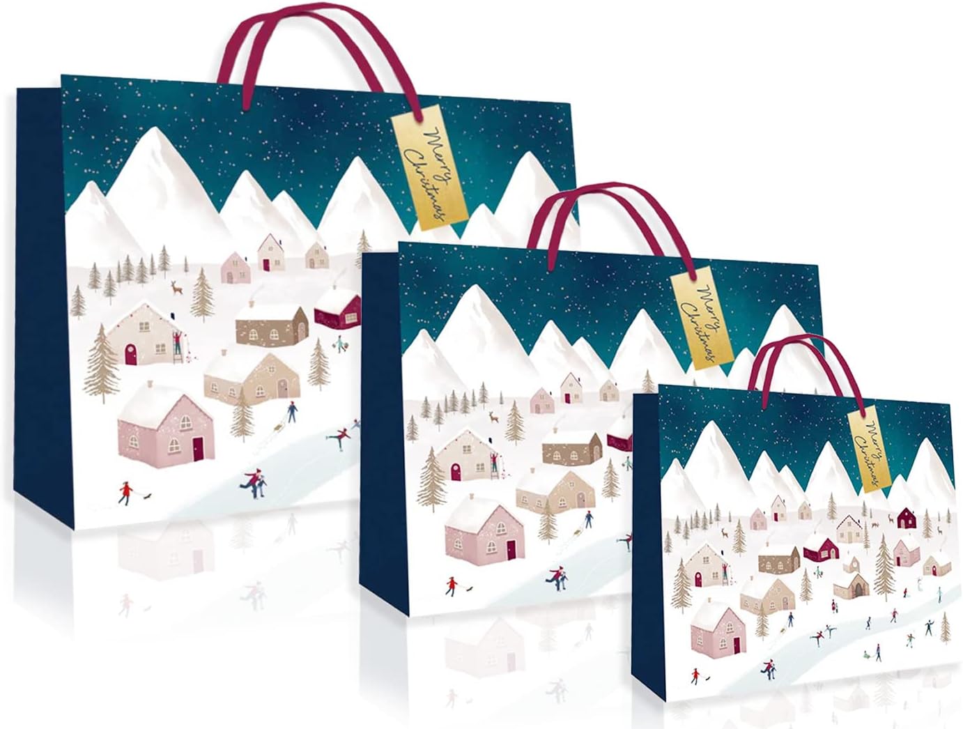 15 x Christmas Gift Bag Set 3 Pack Xmas Traditional Design with Handle Multipack